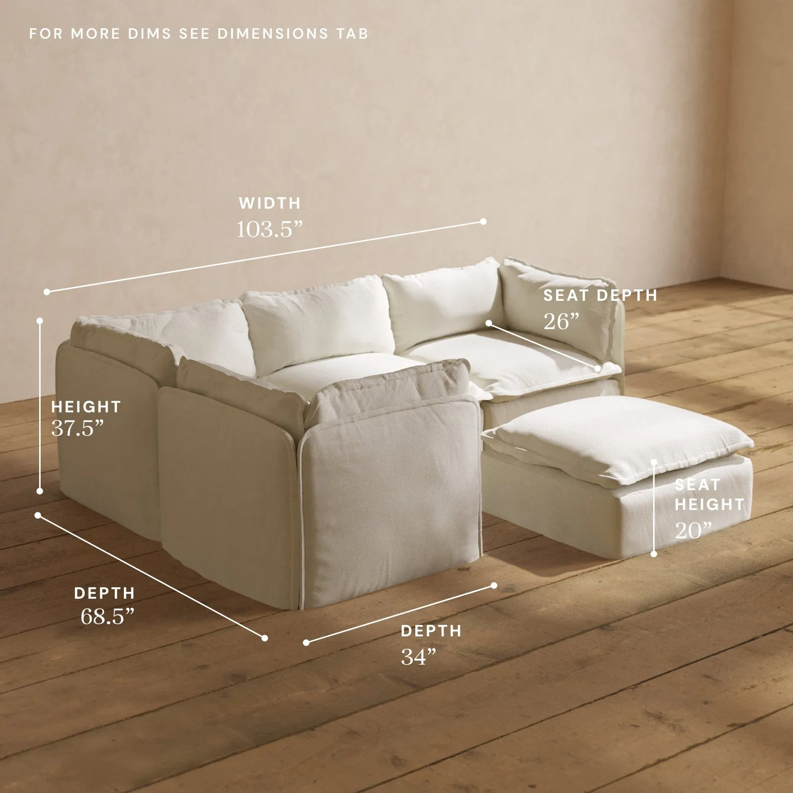Modular Washable 4-Seater Corner Sectional   Ottoman in Eggshell | Deluxe  Seat | Cloud Pillow