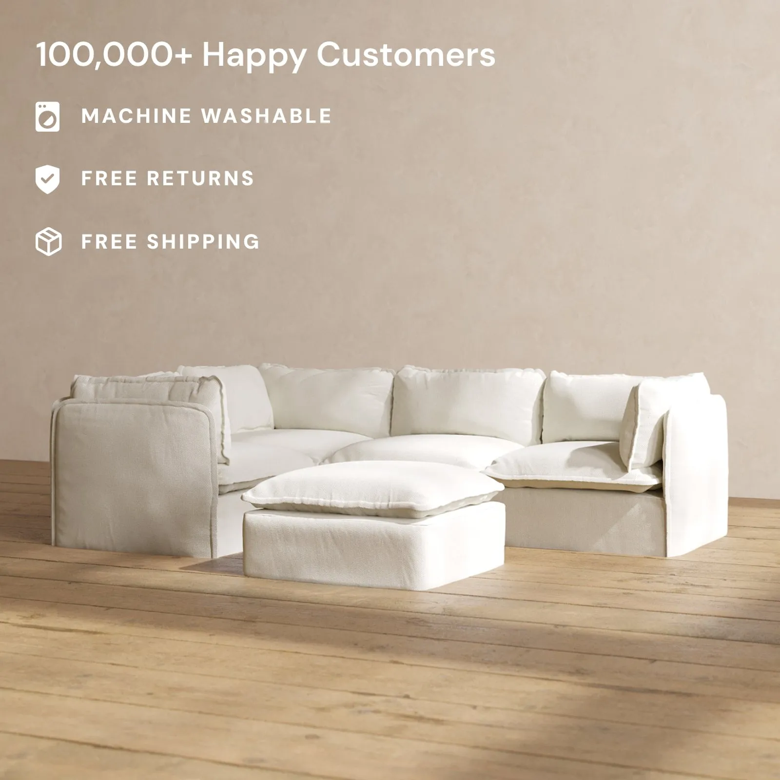 Modular Washable 4-Seater Corner Sectional   Ottoman in Eggshell | Deluxe  Seat | Cloud Pillow