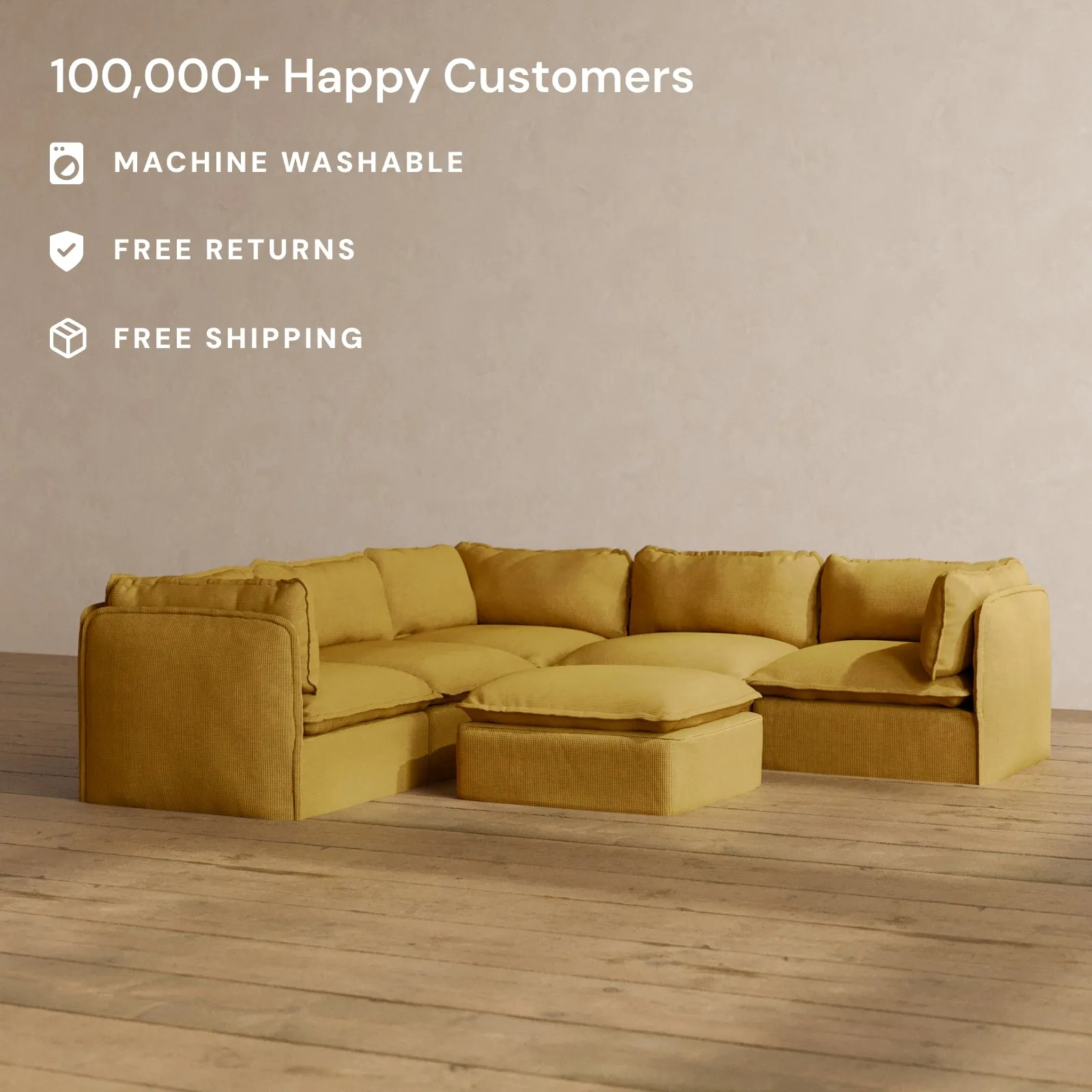 Modular Washable 4-Seater Corner Sectional   Ottoman in Kiiro | Deluxe  Seat | Cloud Pillow