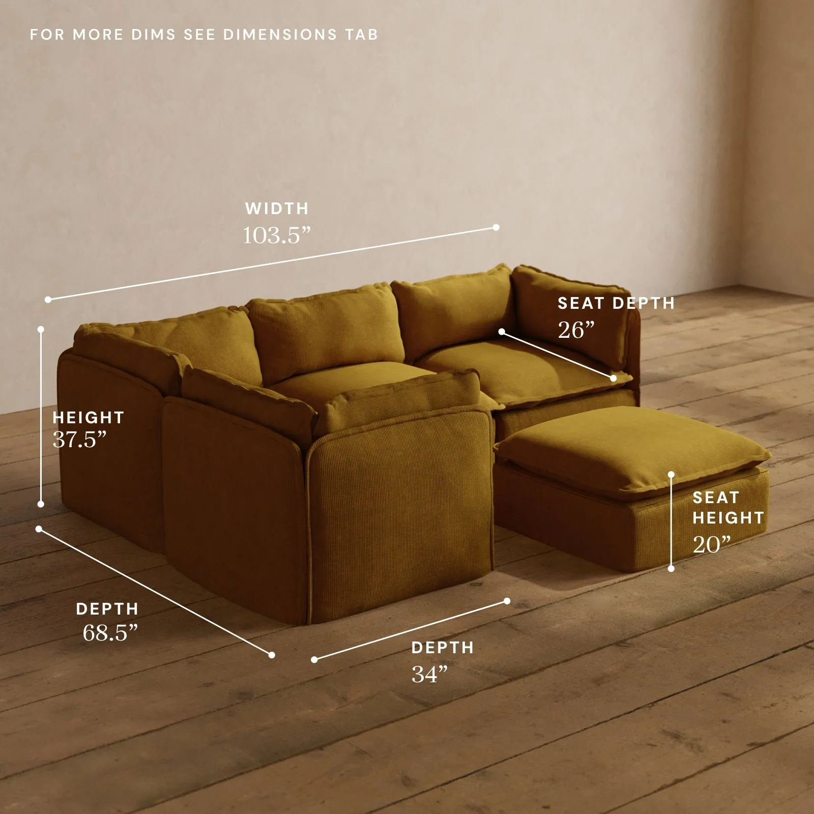 Modular Washable 4-Seater Corner Sectional   Ottoman in Kiiro | Deluxe  Seat | Cloud Pillow