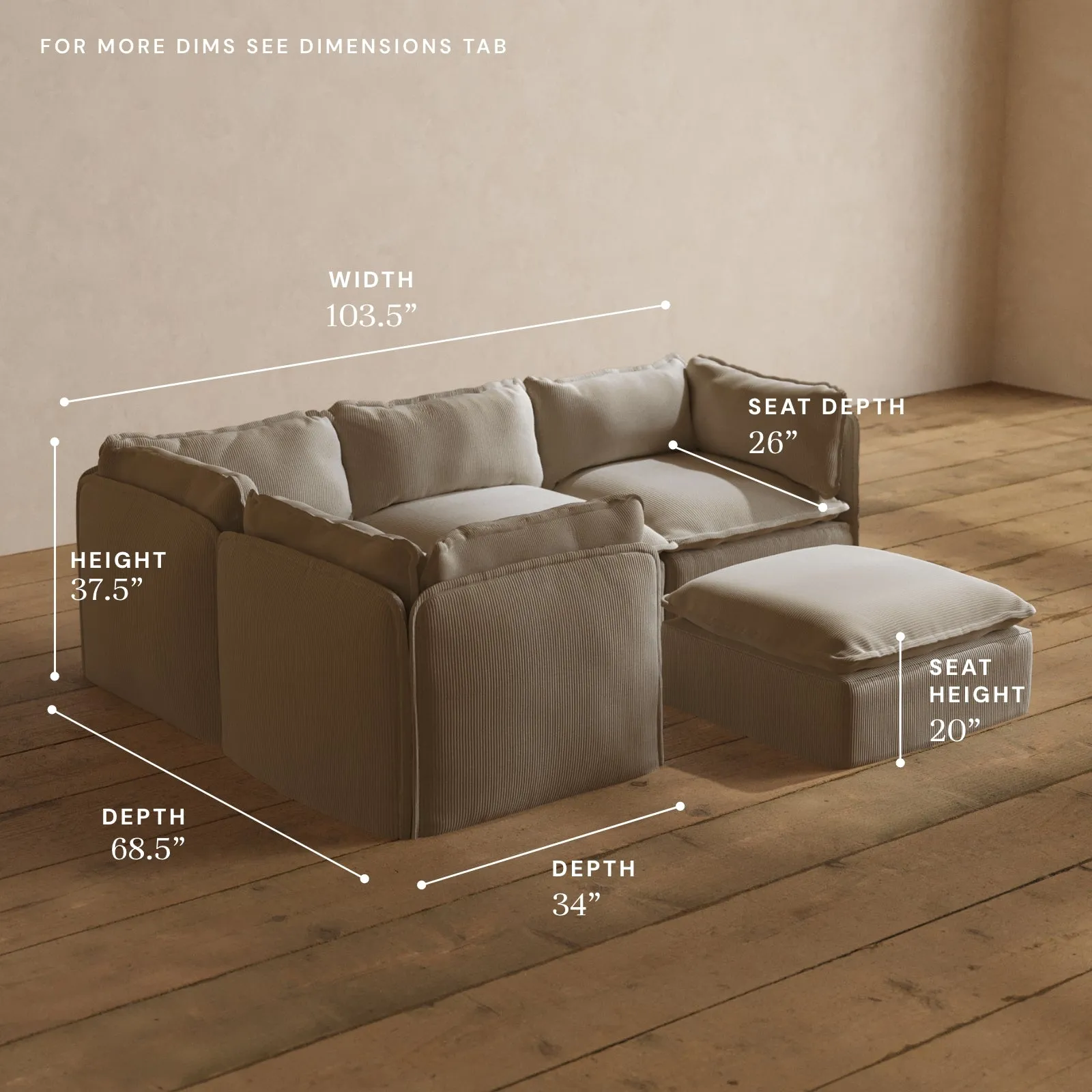 Modular Washable 4-Seater Corner Sectional   Ottoman in Milk | Deluxe  Seat | Cloud Pillow