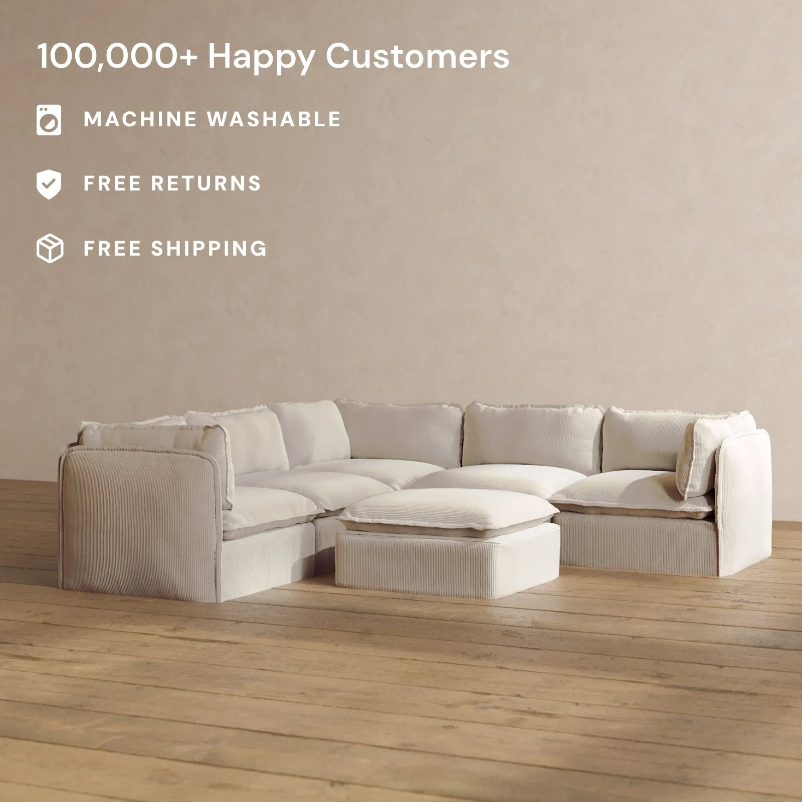 Modular Washable 4-Seater Corner Sectional   Ottoman in Milk | Deluxe  Seat | Cloud Pillow