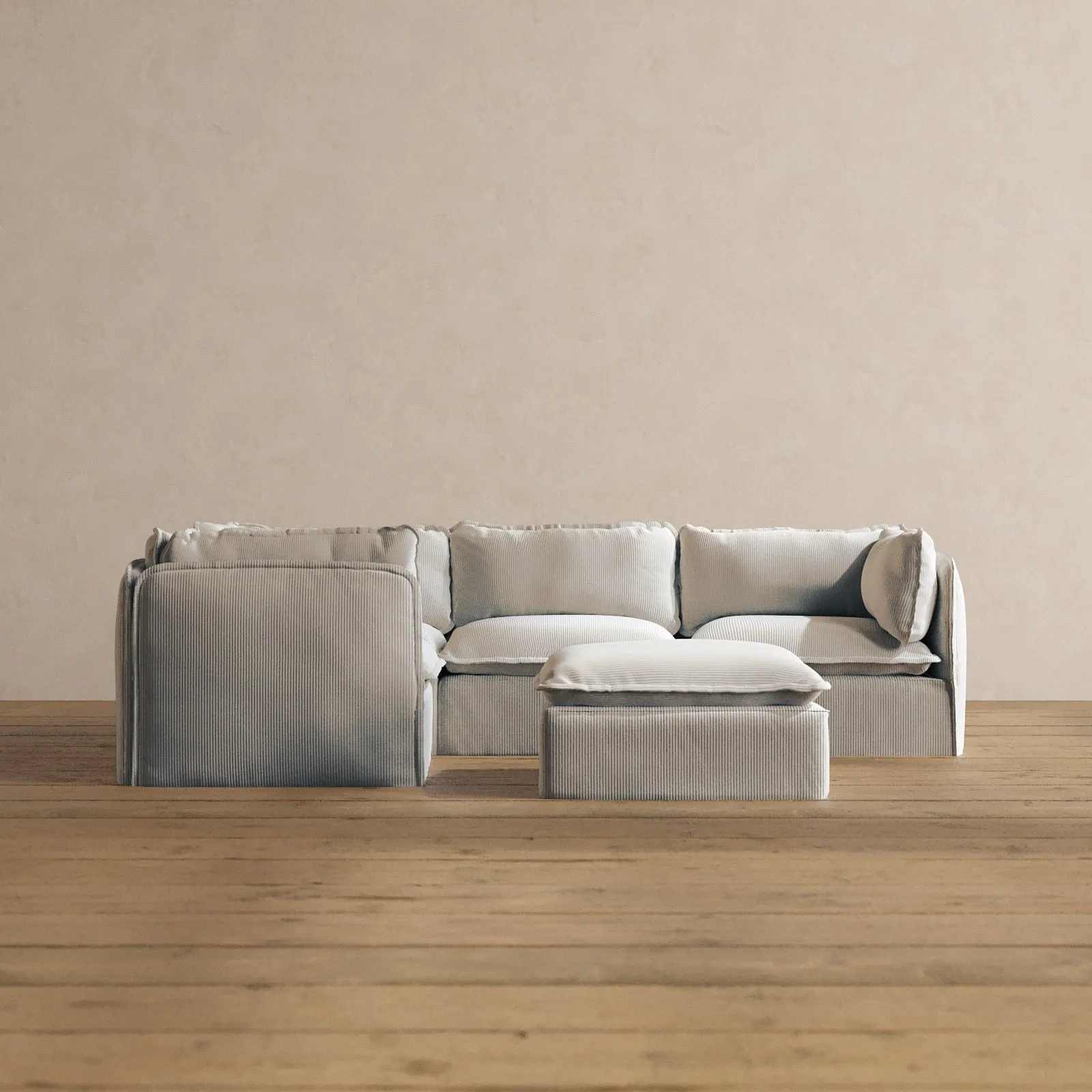 Modular Washable 4-Seater Corner Sectional   Ottoman in Milk | Deluxe  Seat | Cloud Pillow