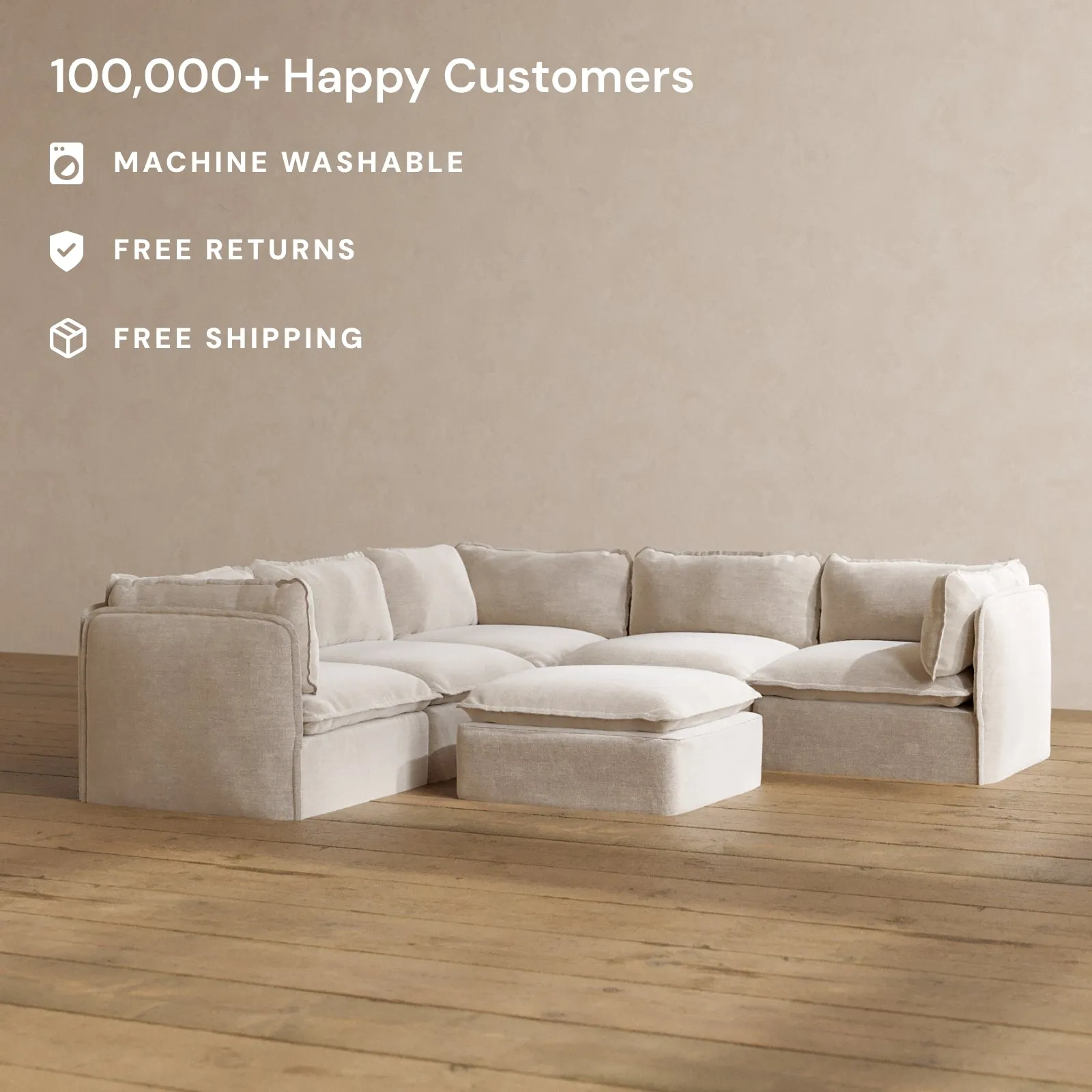 Modular Washable 4-Seater Corner Sectional   Ottoman in Mist | Deluxe  Seat | Cloud Pillow