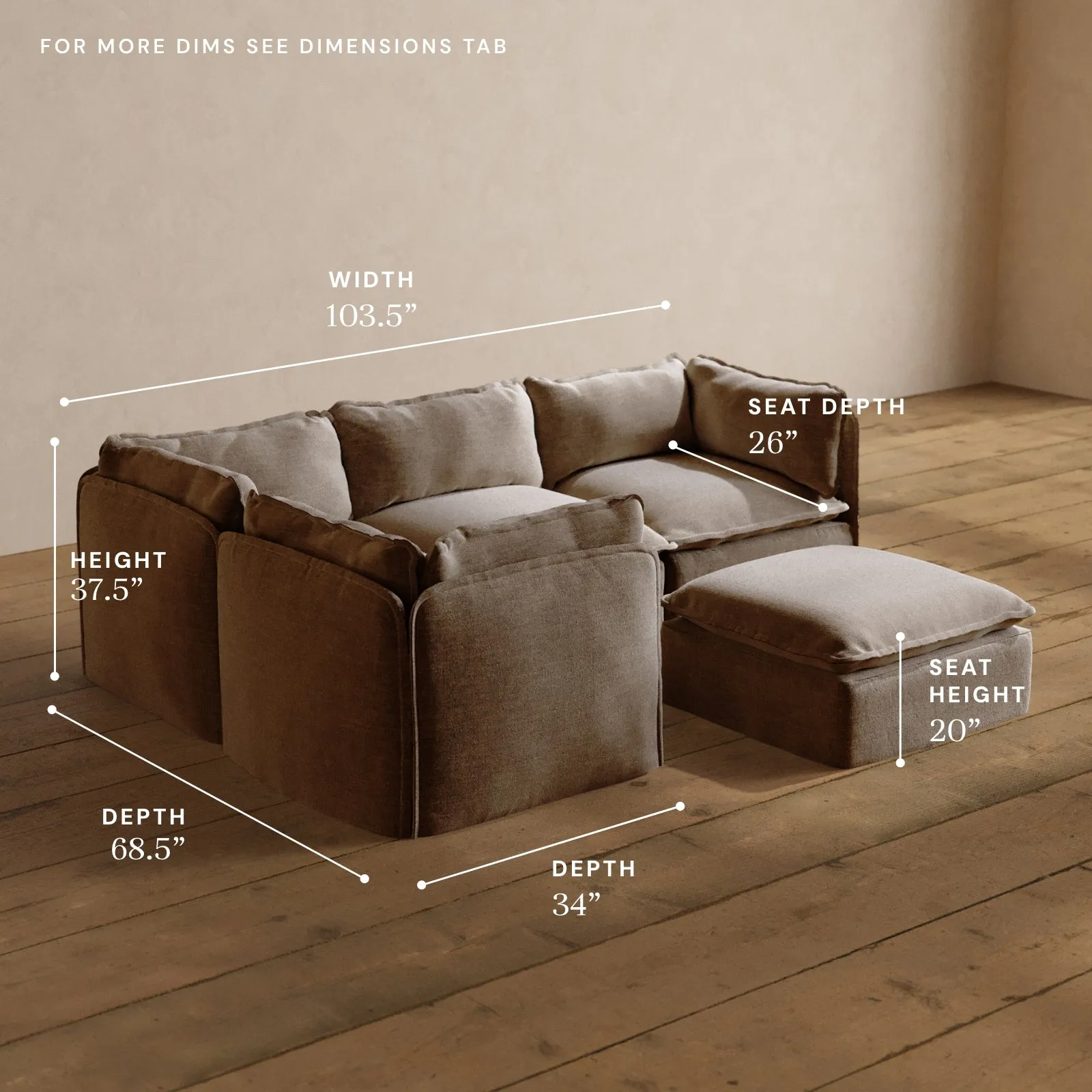 Modular Washable 4-Seater Corner Sectional   Ottoman in Mist | Deluxe  Seat | Cloud Pillow