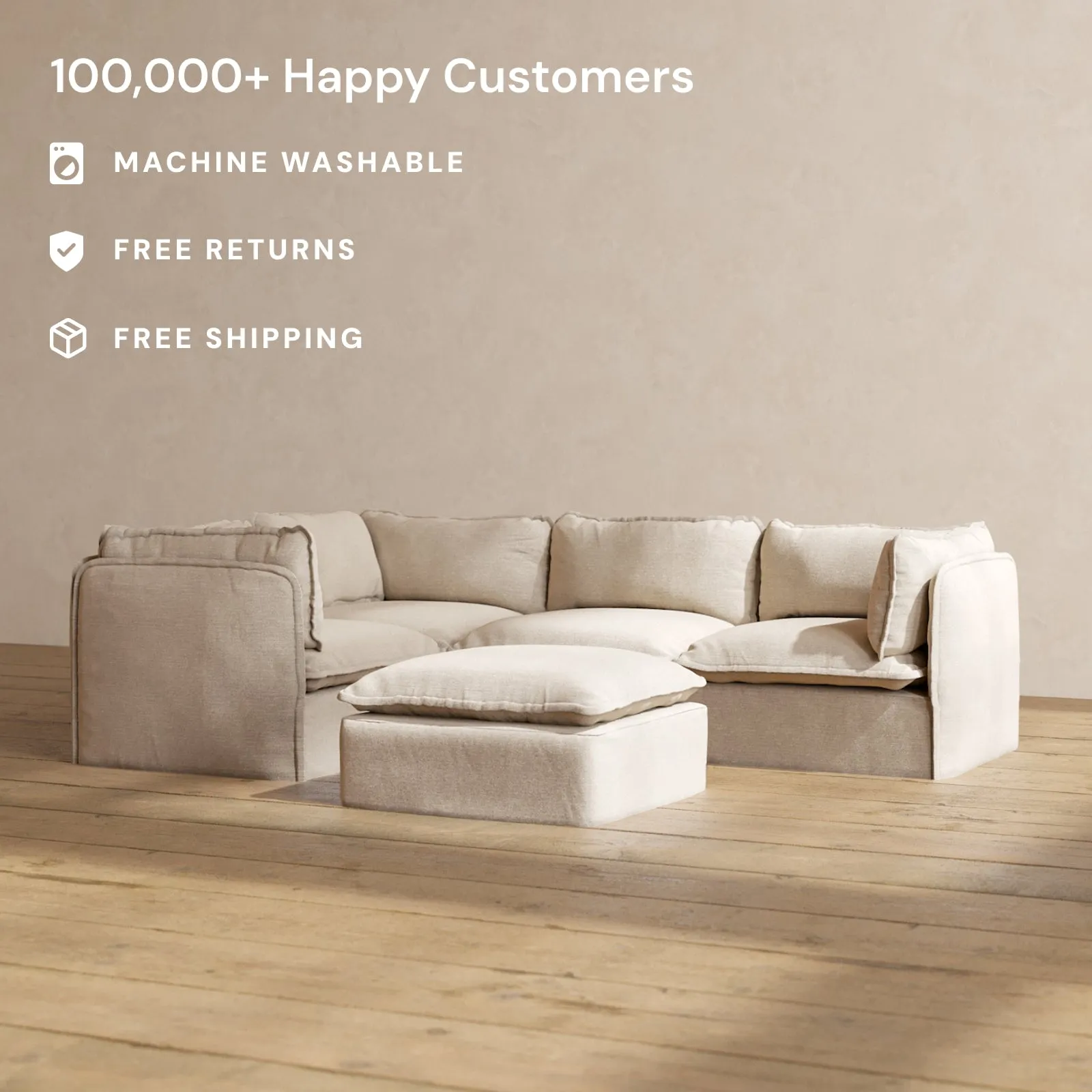 Modular Washable 4-Seater Corner Sectional   Ottoman in Oat | Deluxe  Seat | Cloud Pillow