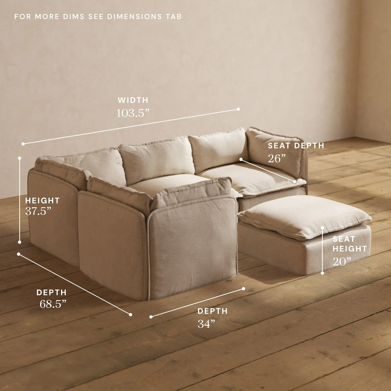 Modular Washable 4-Seater Corner Sectional   Ottoman in Oat | Deluxe  Seat | Cloud Pillow