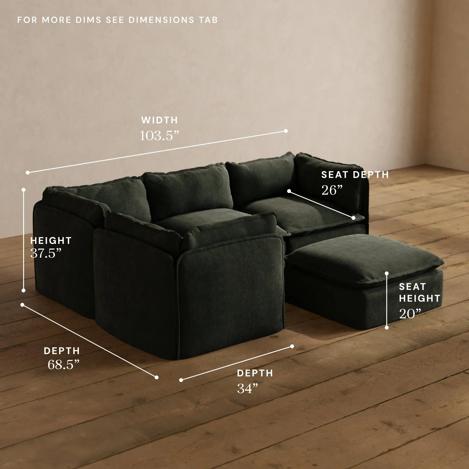 Modular Washable 4-Seater Corner Sectional   Ottoman in Olivine | Deluxe  Seat | Cloud Pillow