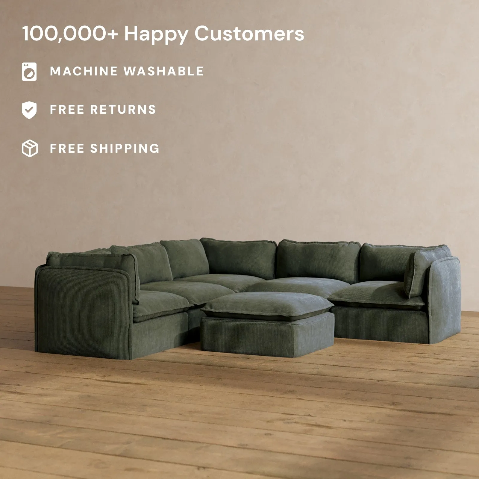 Modular Washable 4-Seater Corner Sectional   Ottoman in Olivine | Deluxe  Seat | Cloud Pillow