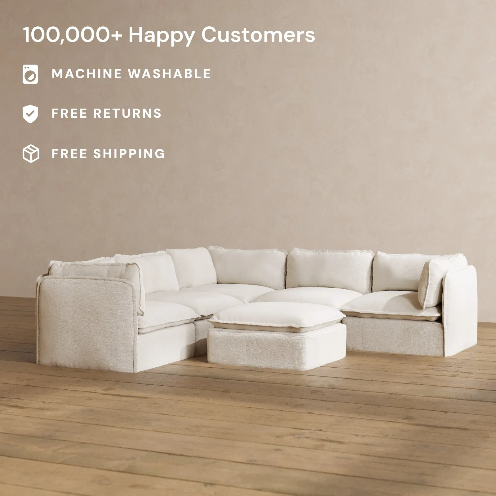 Modular Washable 4-Seater Corner Sectional   Ottoman in Powder | Deluxe  Seat | Cloud Pillow