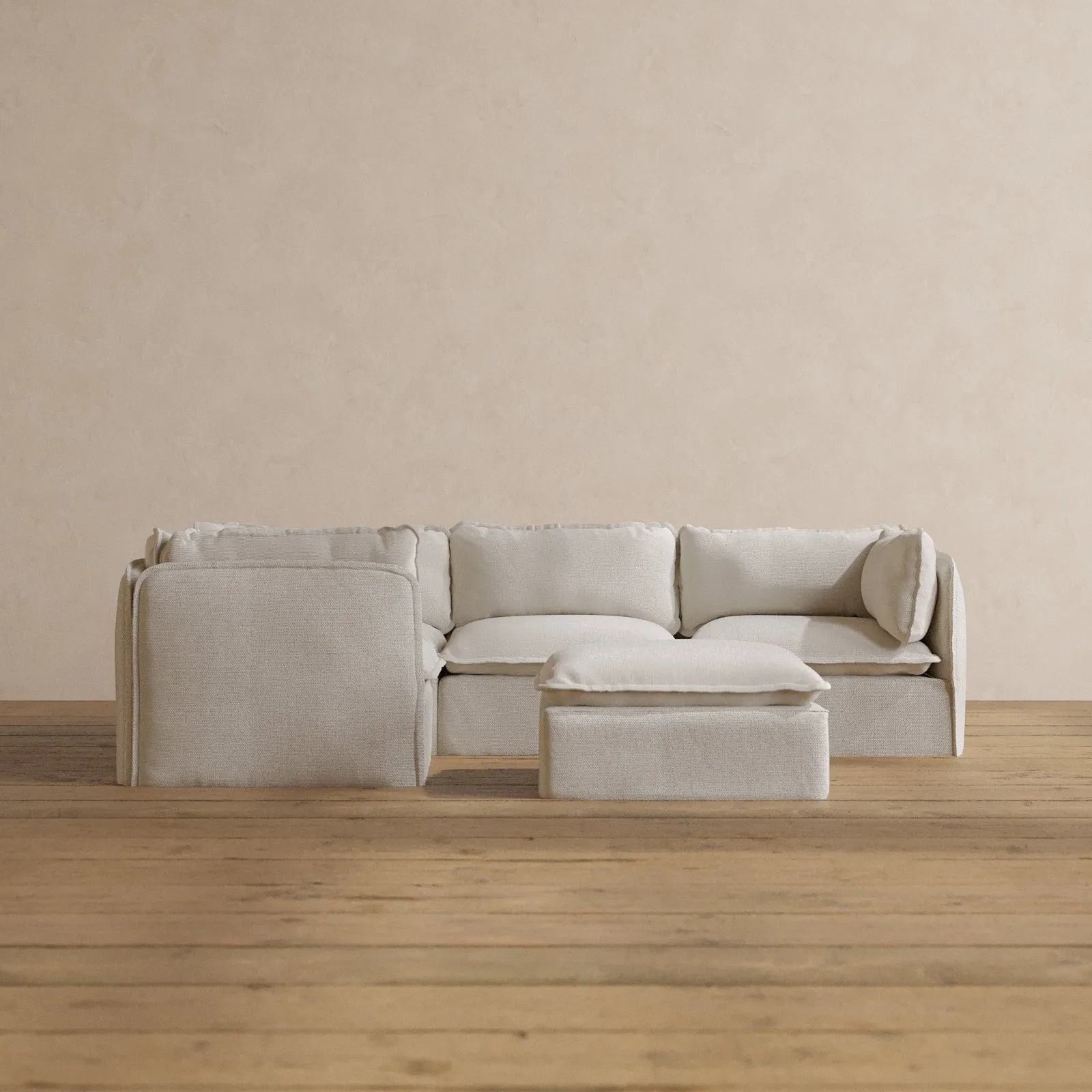 Modular Washable 4-Seater Corner Sectional   Ottoman in Powder | Deluxe  Seat | Cloud Pillow