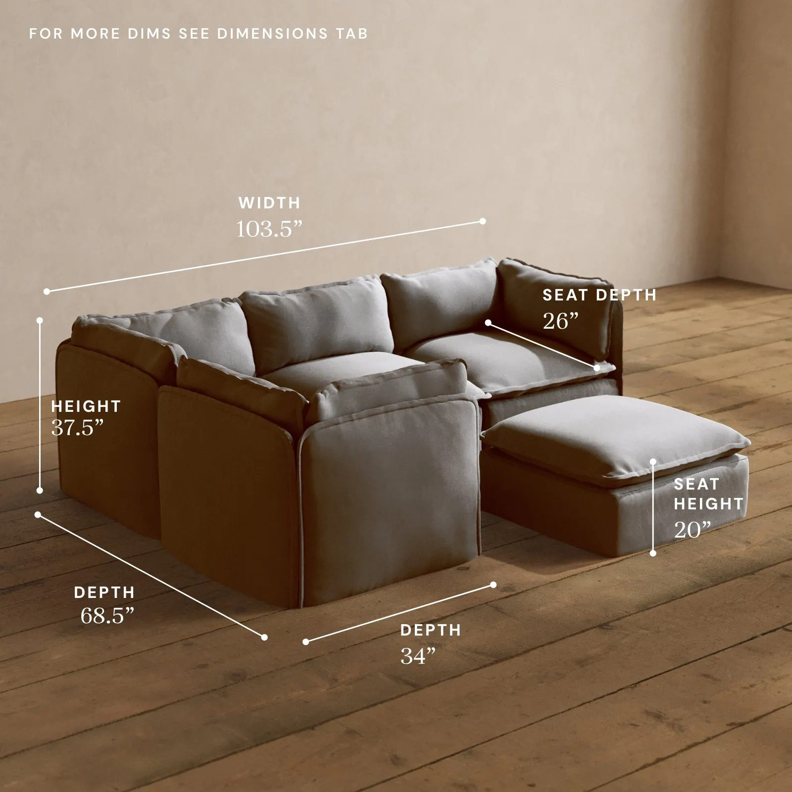 Modular Washable 4-Seater Corner Sectional   Ottoman in Pumice | Deluxe  Seat | Cloud Pillow