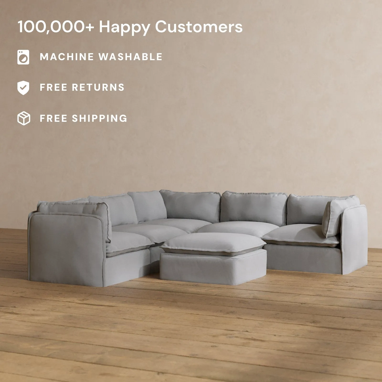 Modular Washable 4-Seater Corner Sectional   Ottoman in Pumice | Deluxe  Seat | Cloud Pillow