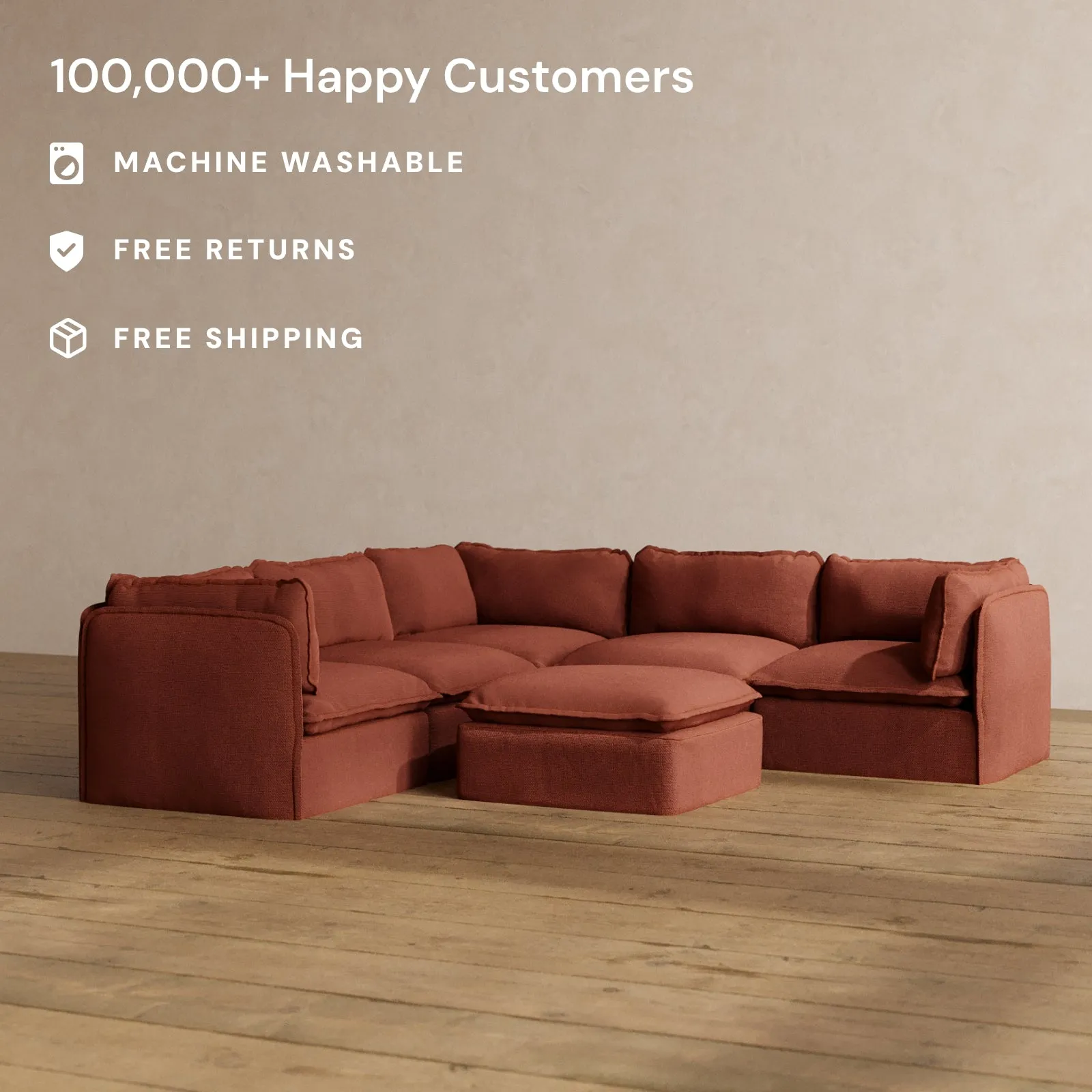Modular Washable 4-Seater Corner Sectional   Ottoman in Rust | Deluxe  Seat | Cloud Pillow