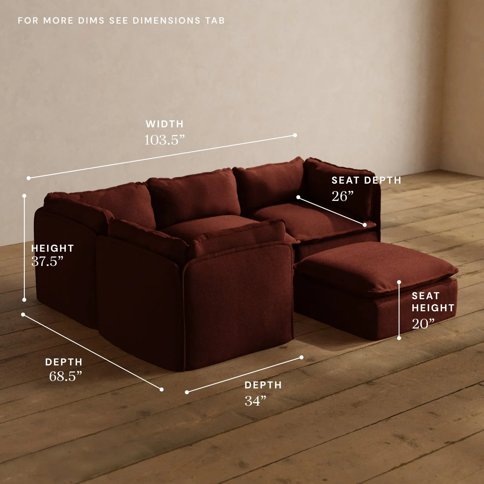 Modular Washable 4-Seater Corner Sectional   Ottoman in Rust | Deluxe  Seat | Cloud Pillow