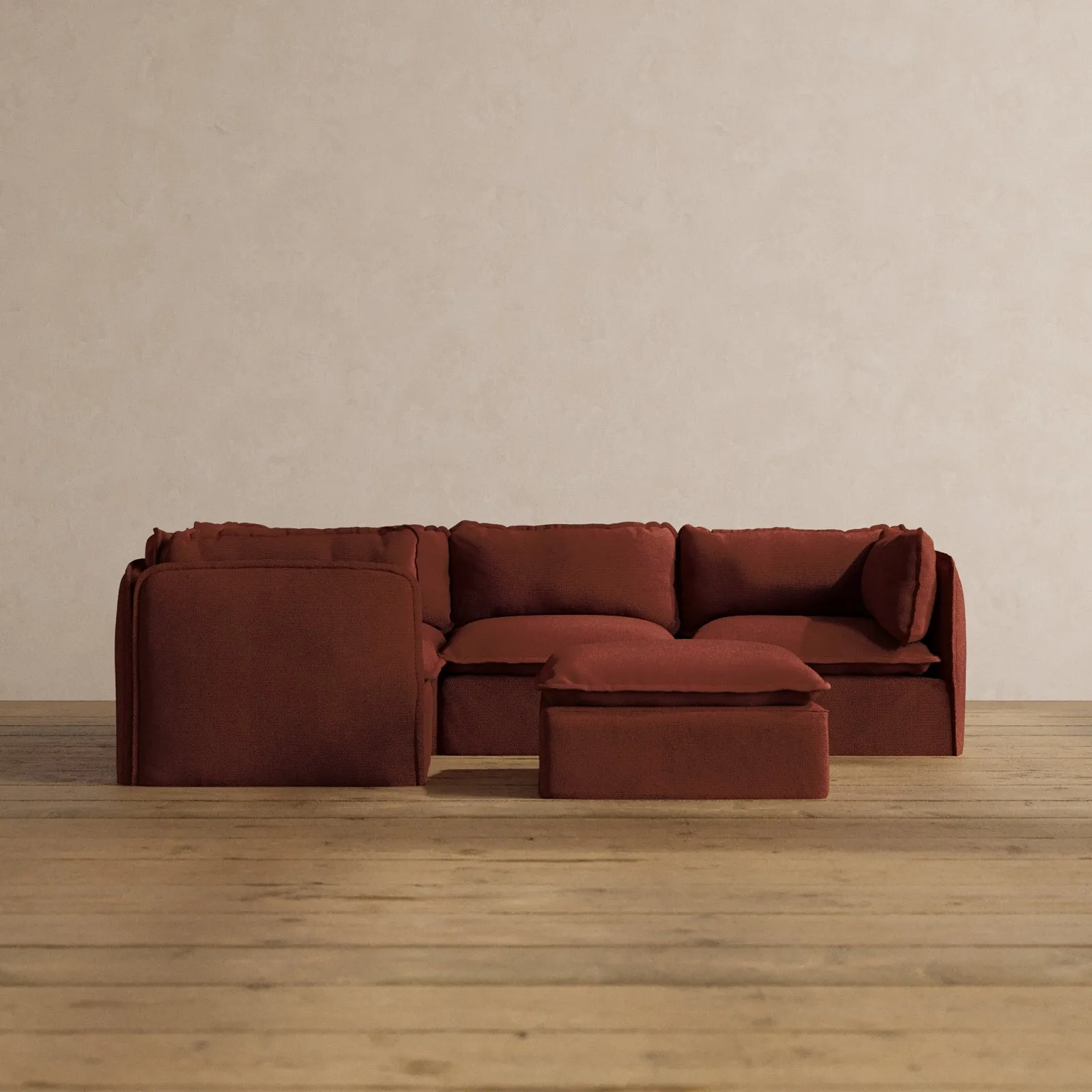 Modular Washable 4-Seater Corner Sectional   Ottoman in Rust | Deluxe  Seat | Cloud Pillow