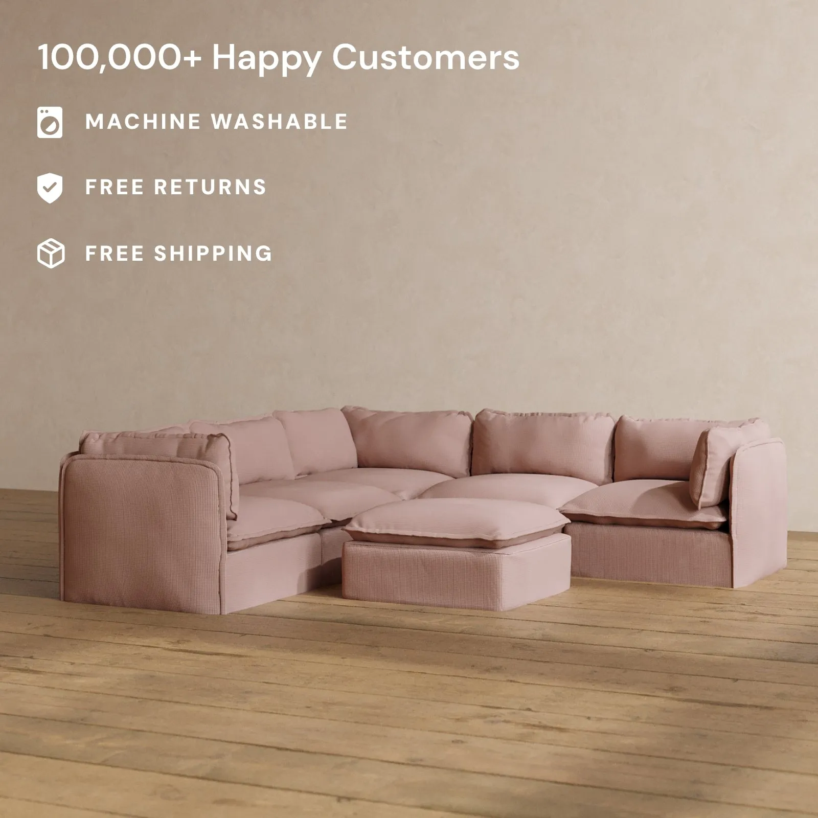 Modular Washable 4-Seater Corner Sectional   Ottoman in Sakura | Deluxe  Seat | Cloud Pillow