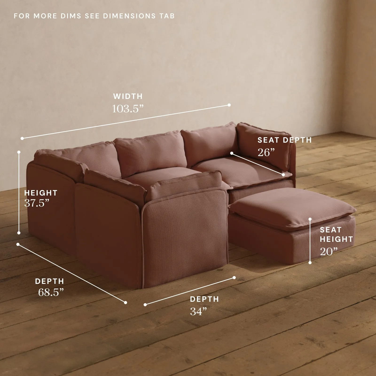 Modular Washable 4-Seater Corner Sectional   Ottoman in Sakura | Deluxe  Seat | Cloud Pillow
