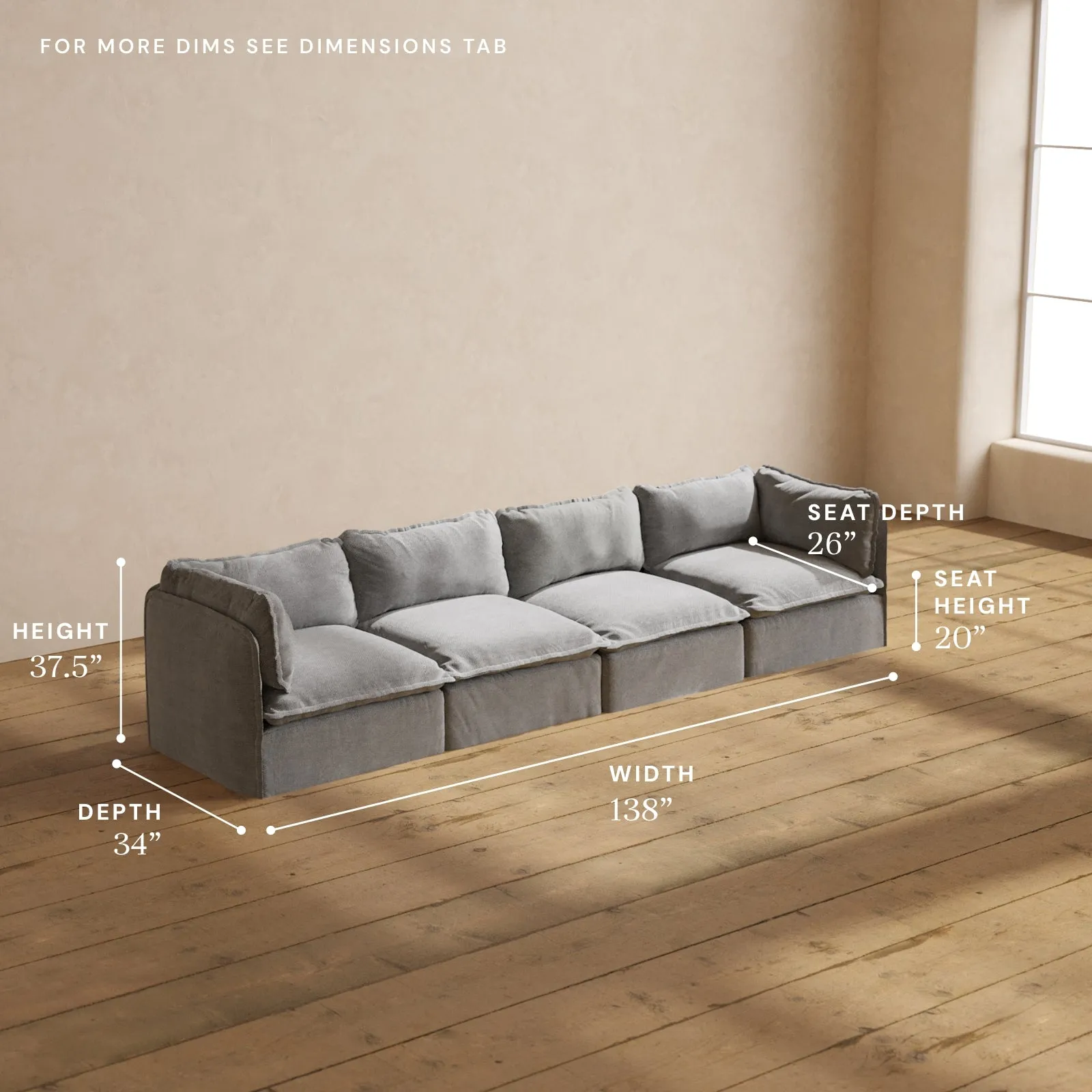Modular Washable 4-Seater in Ash | Deluxe  Seat | Cloud Pillow