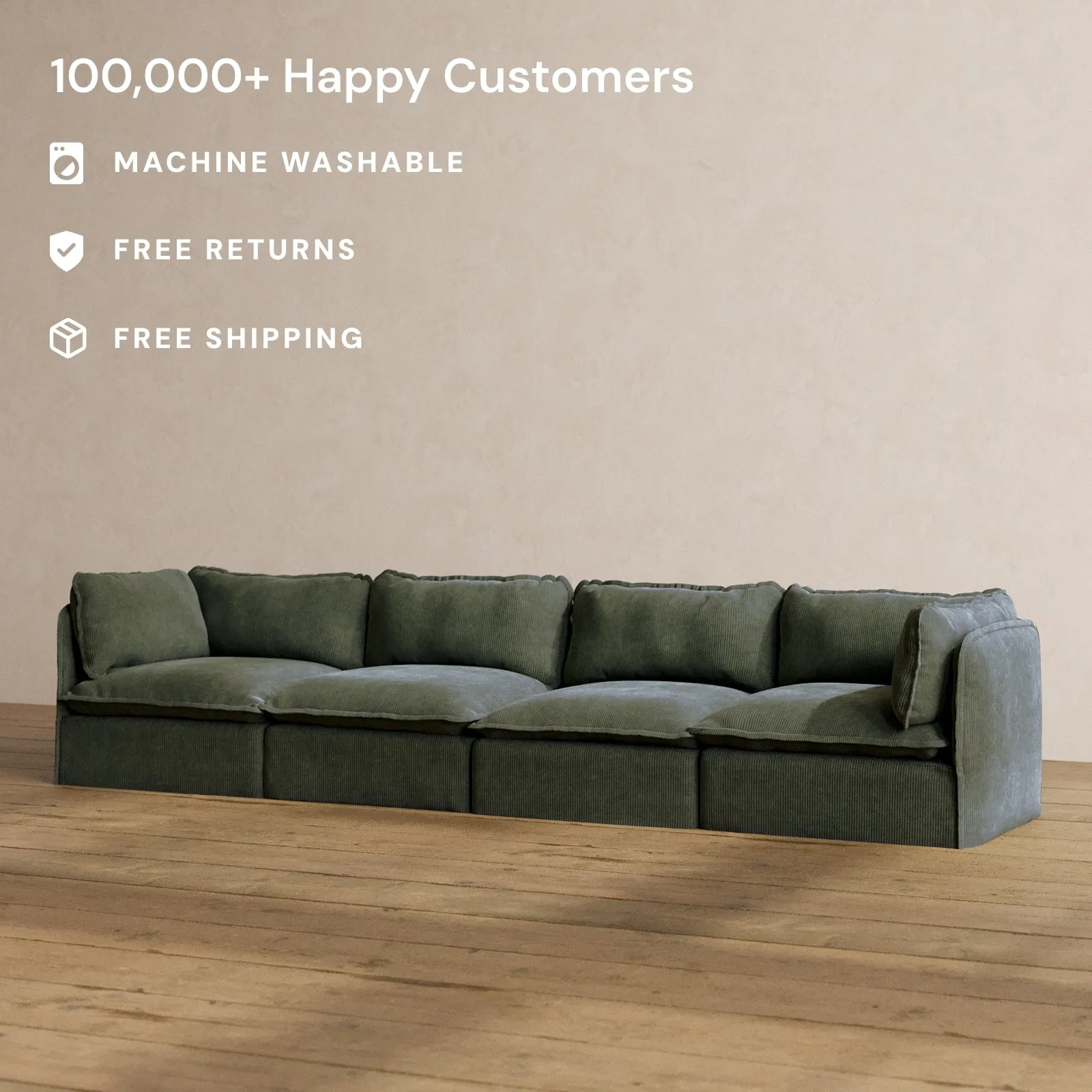 Modular Washable 4-Seater in Olivine | Deluxe  Seat | Cloud Pillow