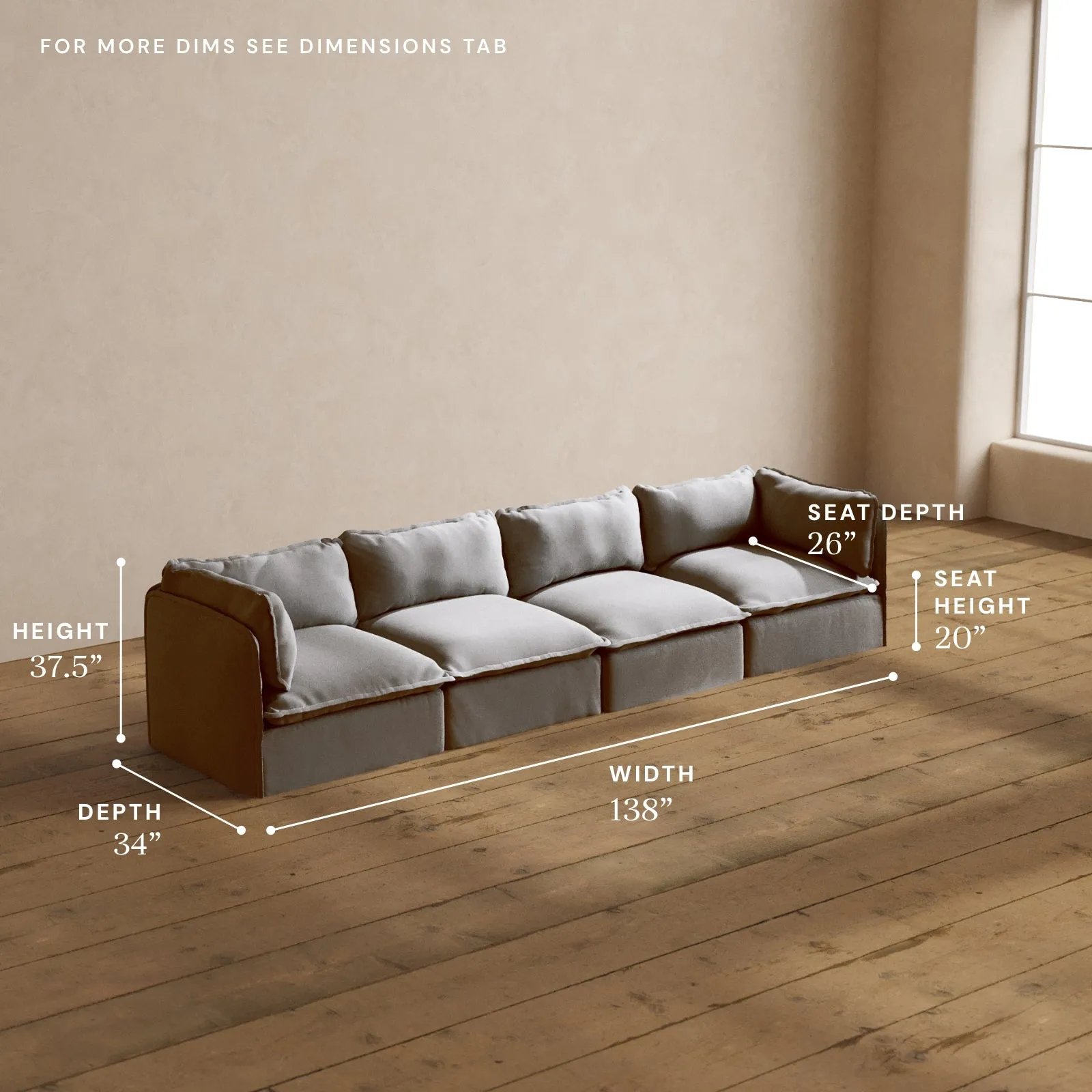 Modular Washable 4-Seater in Pumice | Deluxe  Seat | Cloud Pillow