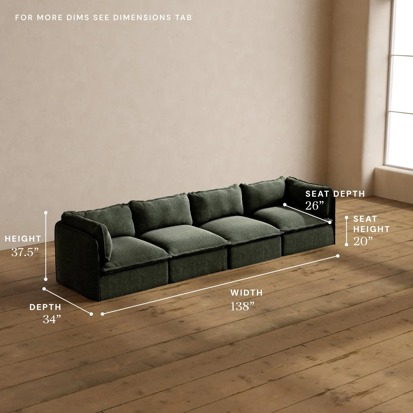 Modular Washable 4-Seater in Willow | Deluxe  Seat | Cloud Pillow