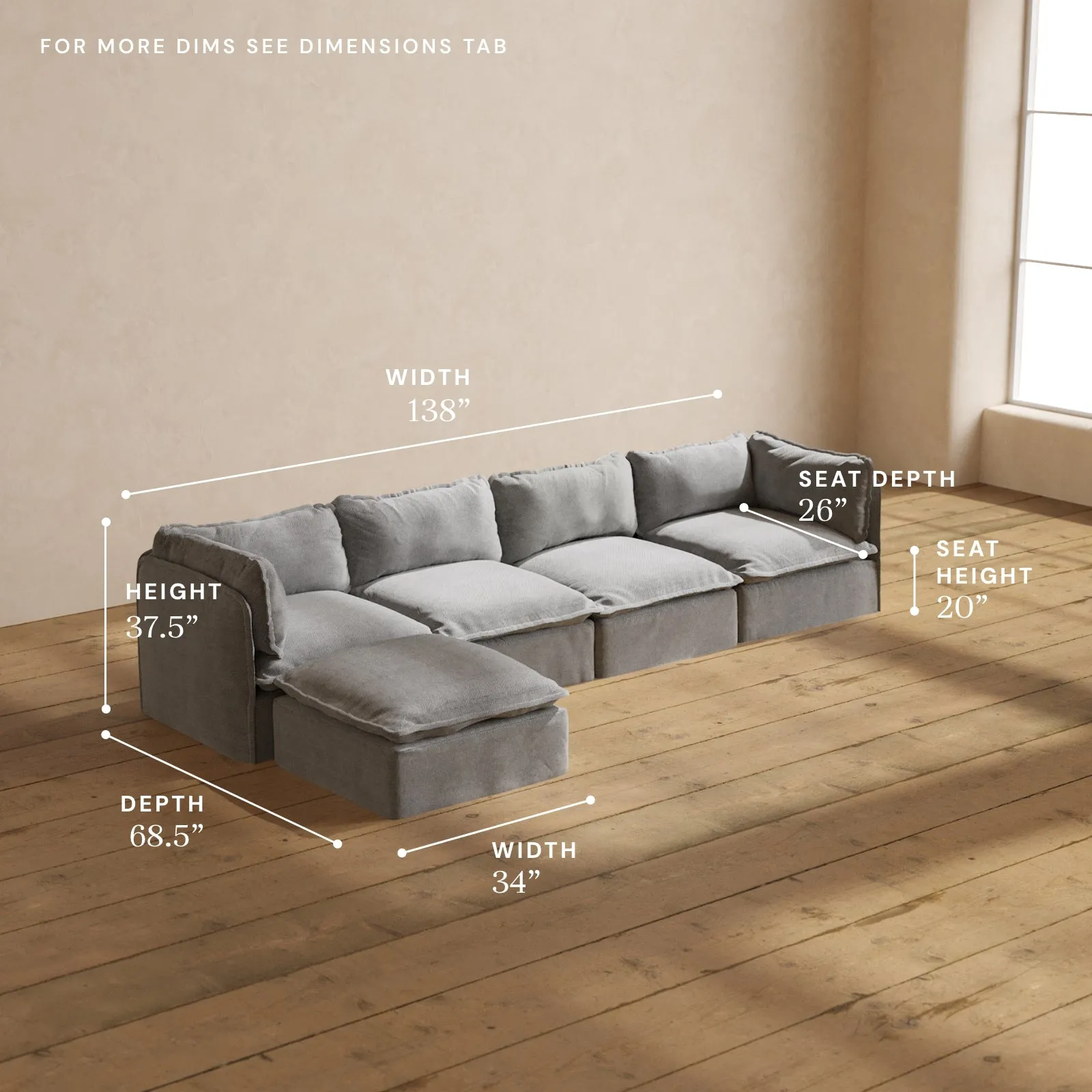 Modular Washable 4-Seater Sectional in Ash | Deluxe  Seat | Cloud Pillow