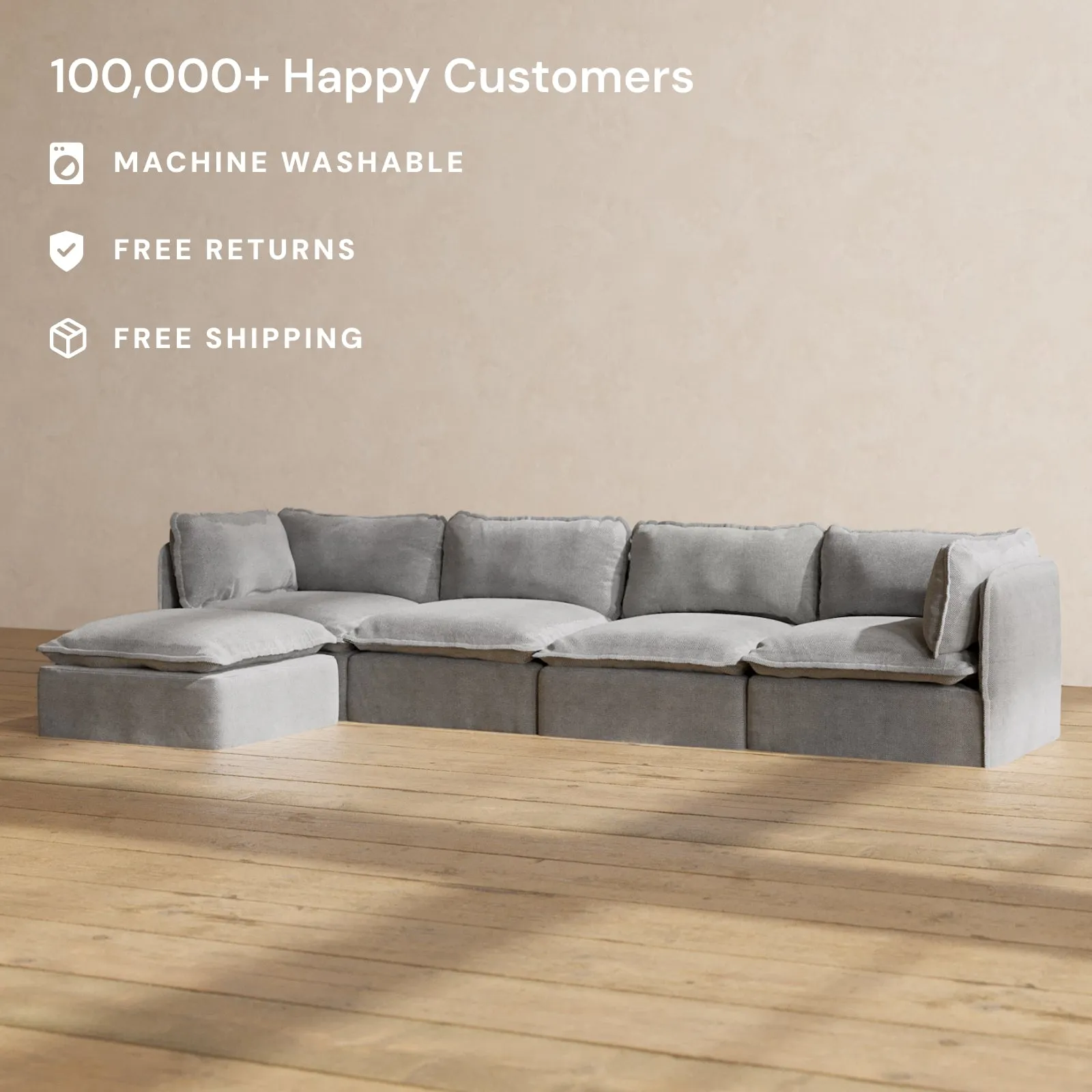 Modular Washable 4-Seater Sectional in Ash | Deluxe  Seat | Cloud Pillow