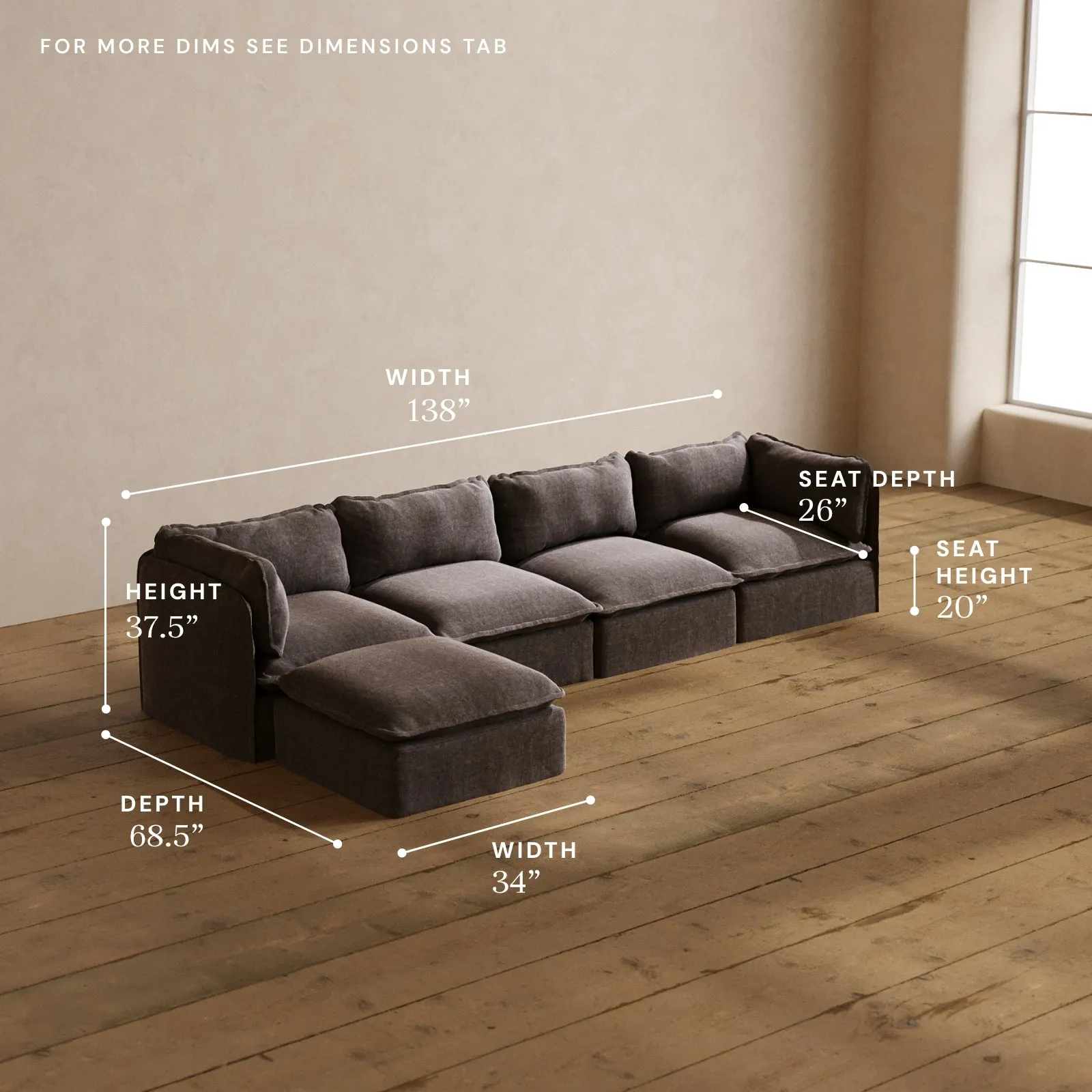 Modular Washable 4-Seater Sectional in Caviar | Deluxe  Seat | Cloud Pillow
