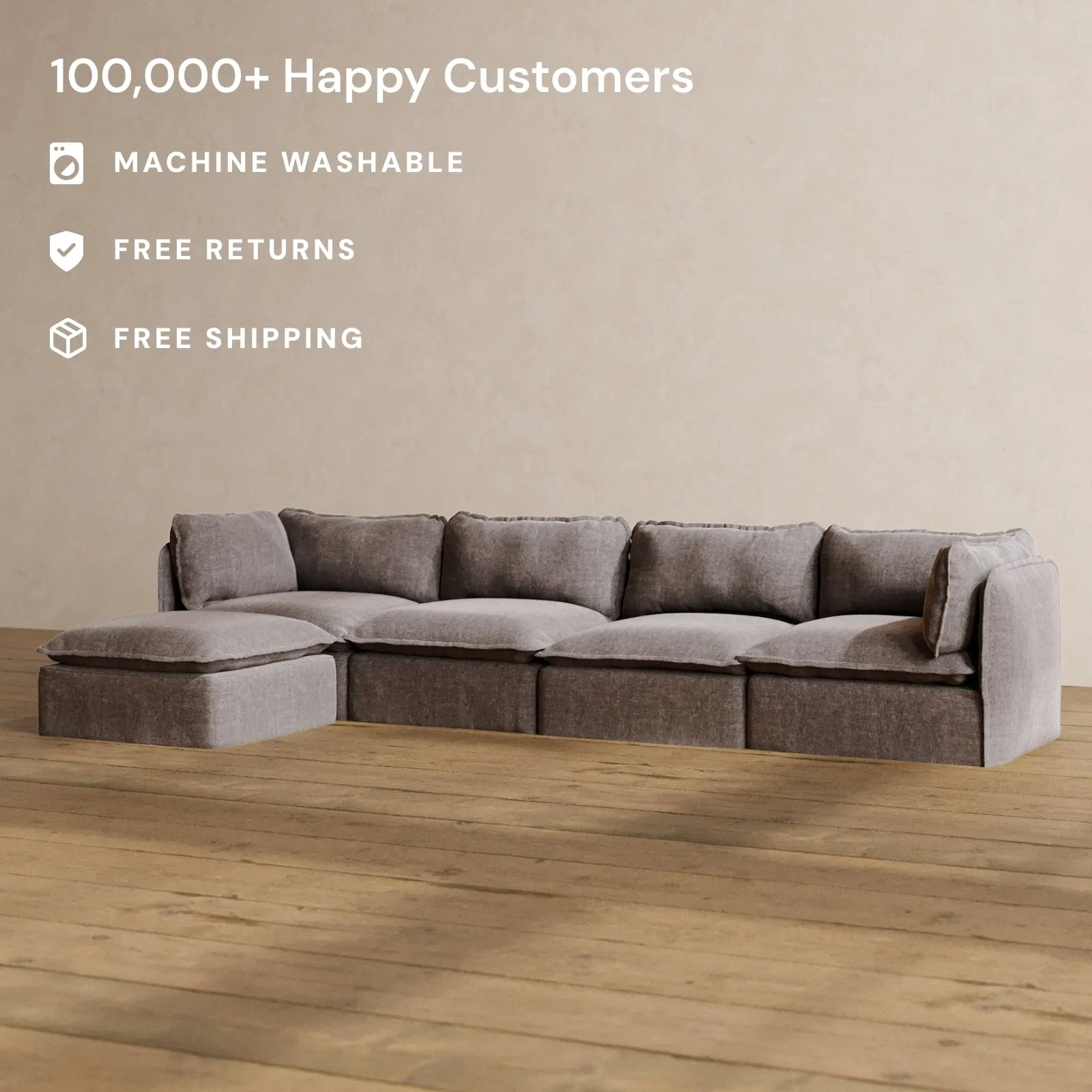 Modular Washable 4-Seater Sectional in Caviar | Deluxe  Seat | Cloud Pillow