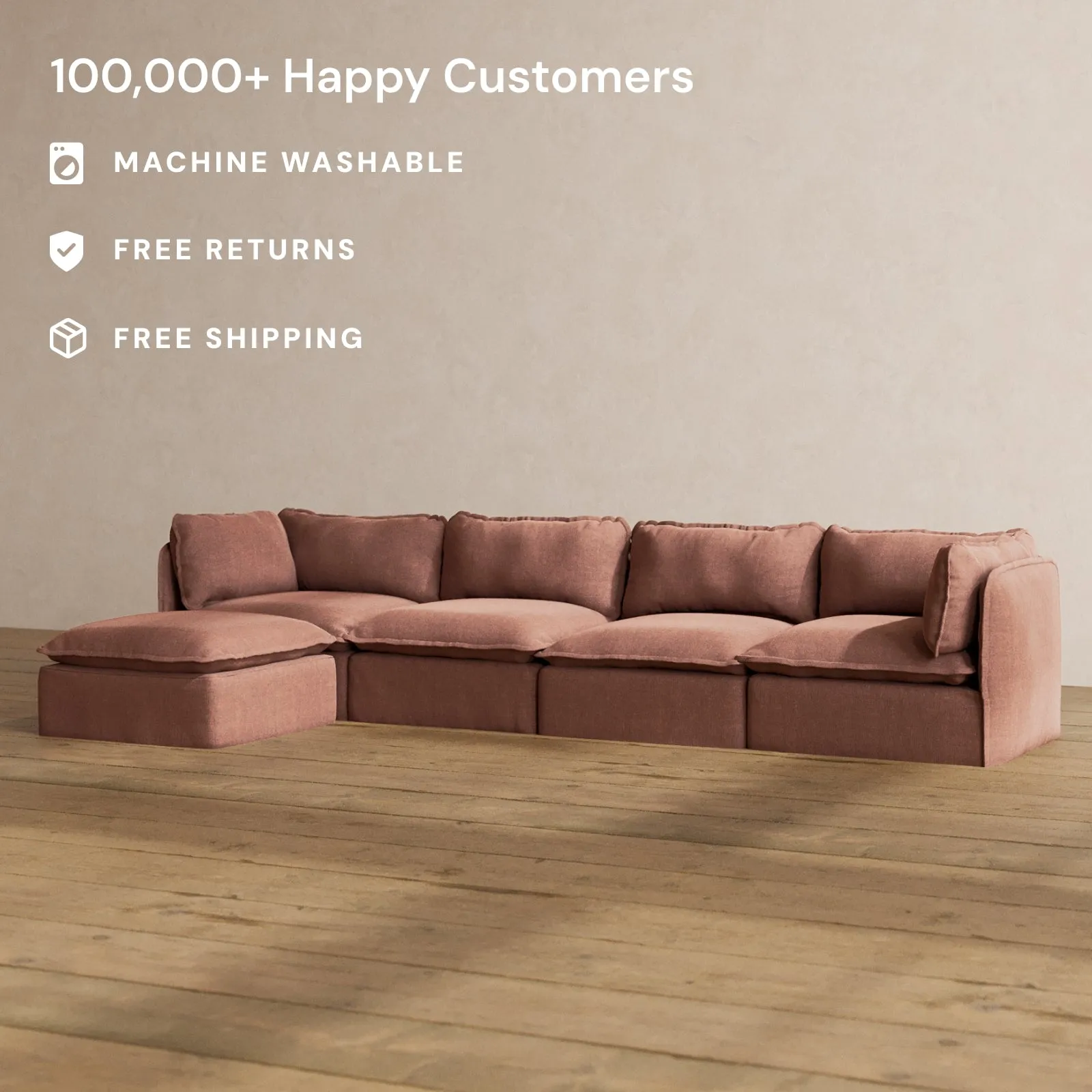 Modular Washable 4-Seater Sectional in Chestnut | Deluxe  Seat | Cloud Pillow