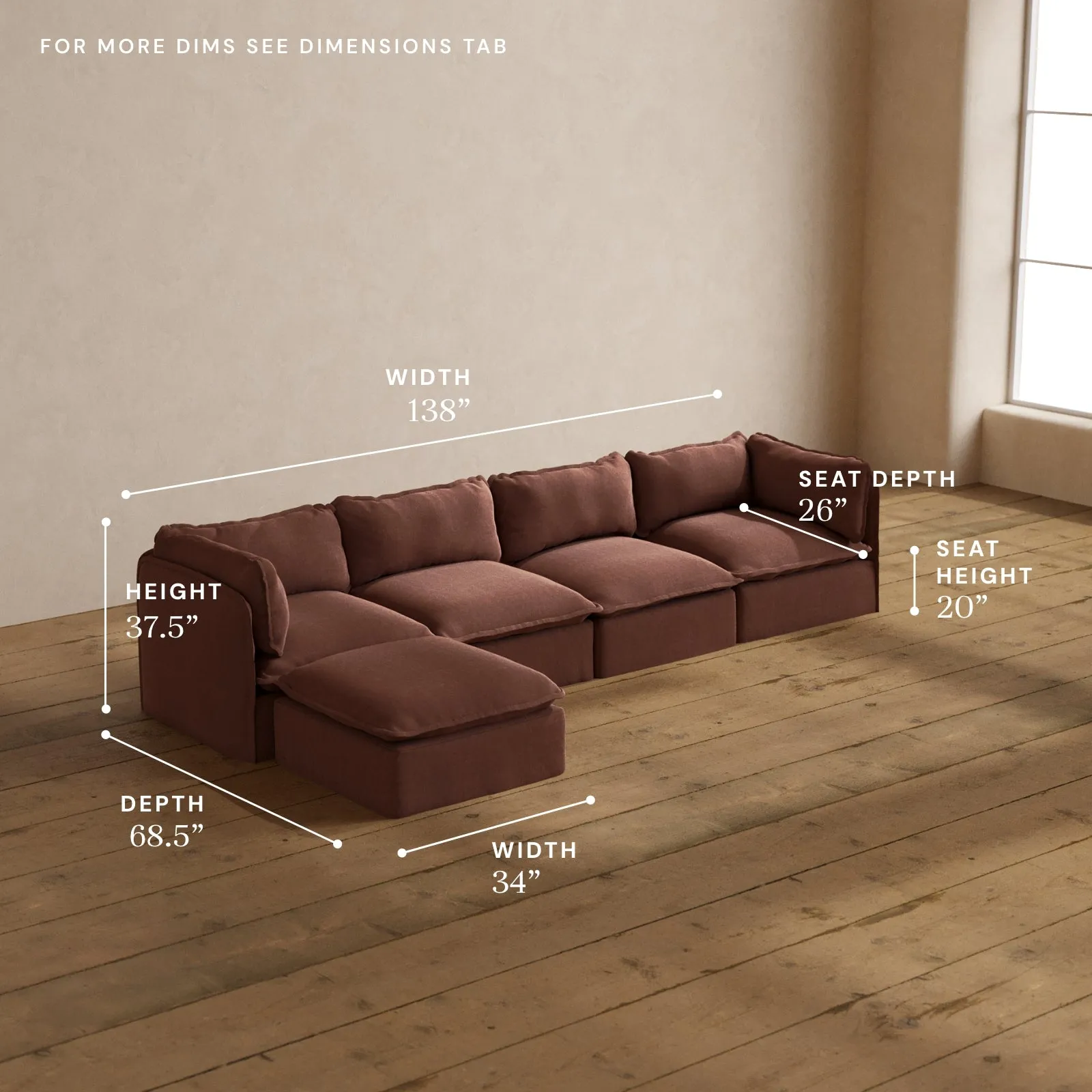 Modular Washable 4-Seater Sectional in Chestnut | Deluxe  Seat | Cloud Pillow