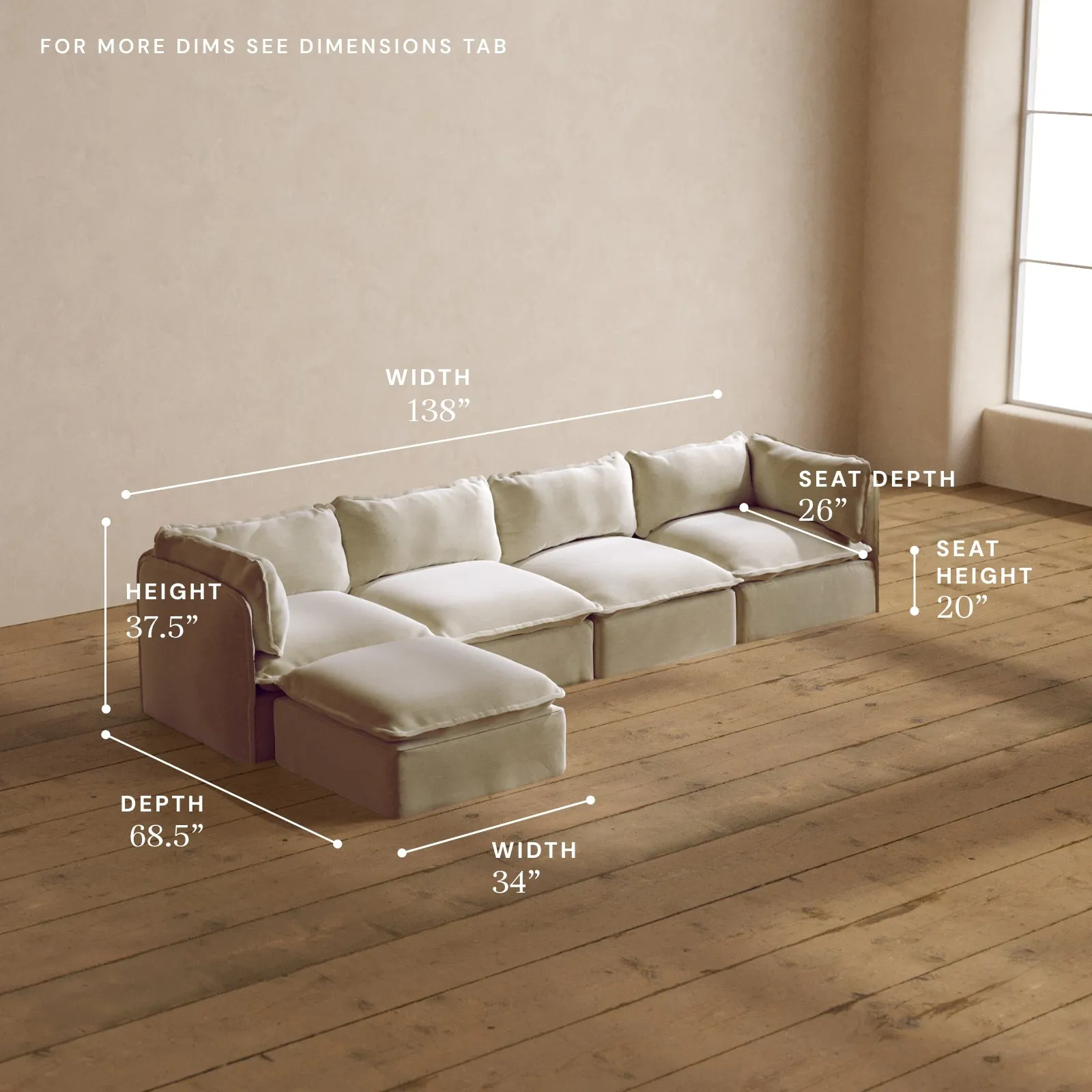 Modular Washable 4-Seater Sectional in Coco | Deluxe  Seat | Cloud Pillow