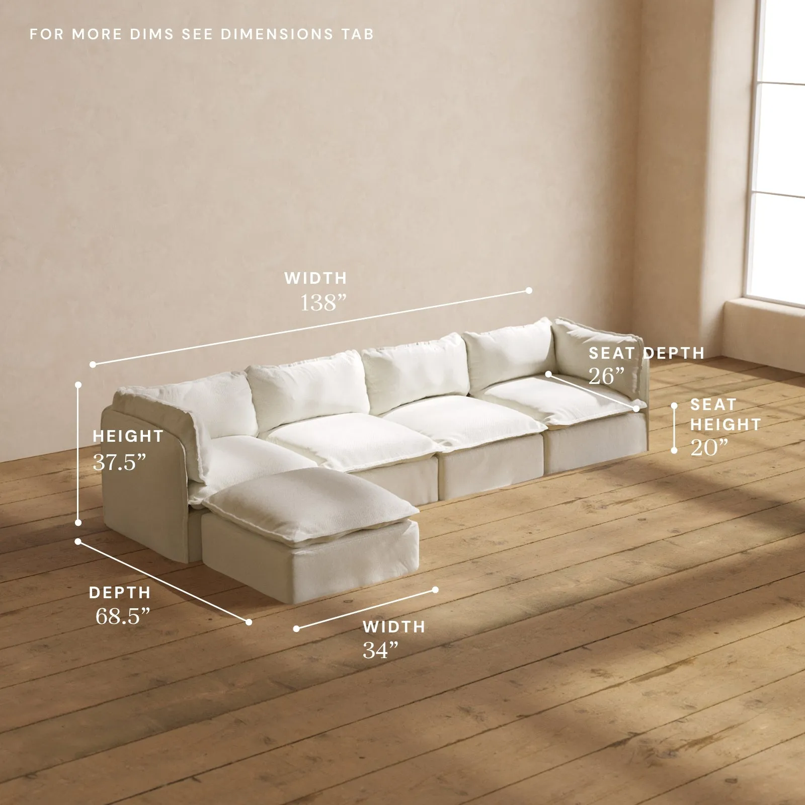 Modular Washable 4-Seater Sectional in Eggshell | Deluxe  Seat | Cloud Pillow