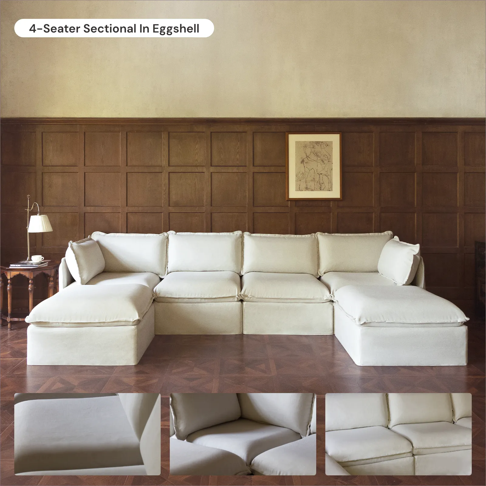 Modular Washable 4-Seater Sectional in Eggshell | Deluxe  Seat | Cloud Pillow