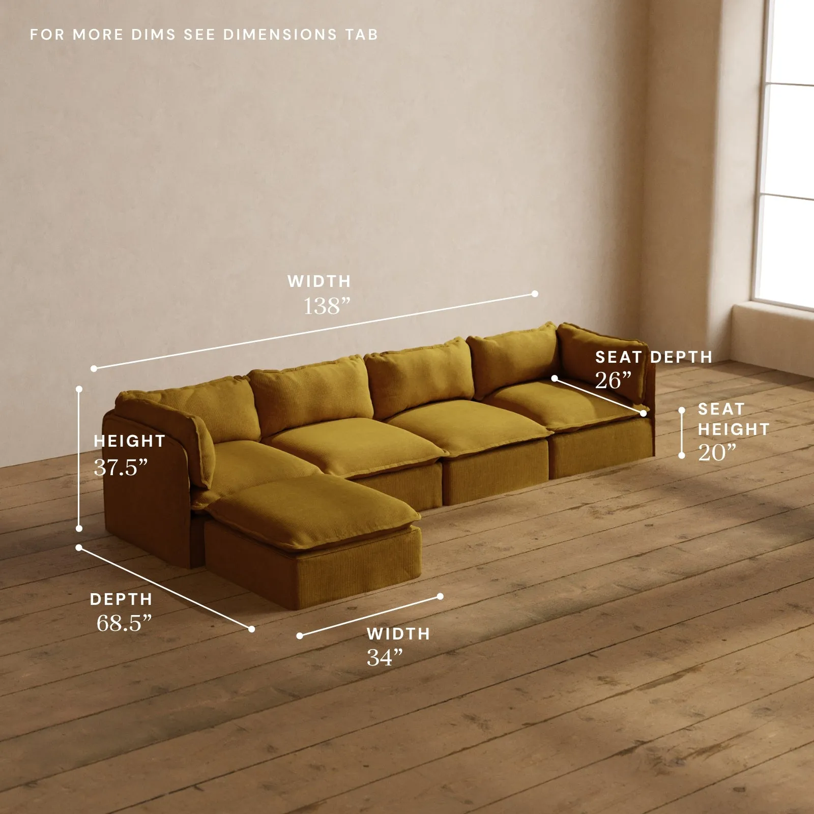 Modular Washable 4-Seater Sectional in Kiiro | Deluxe  Seat | Cloud Pillow
