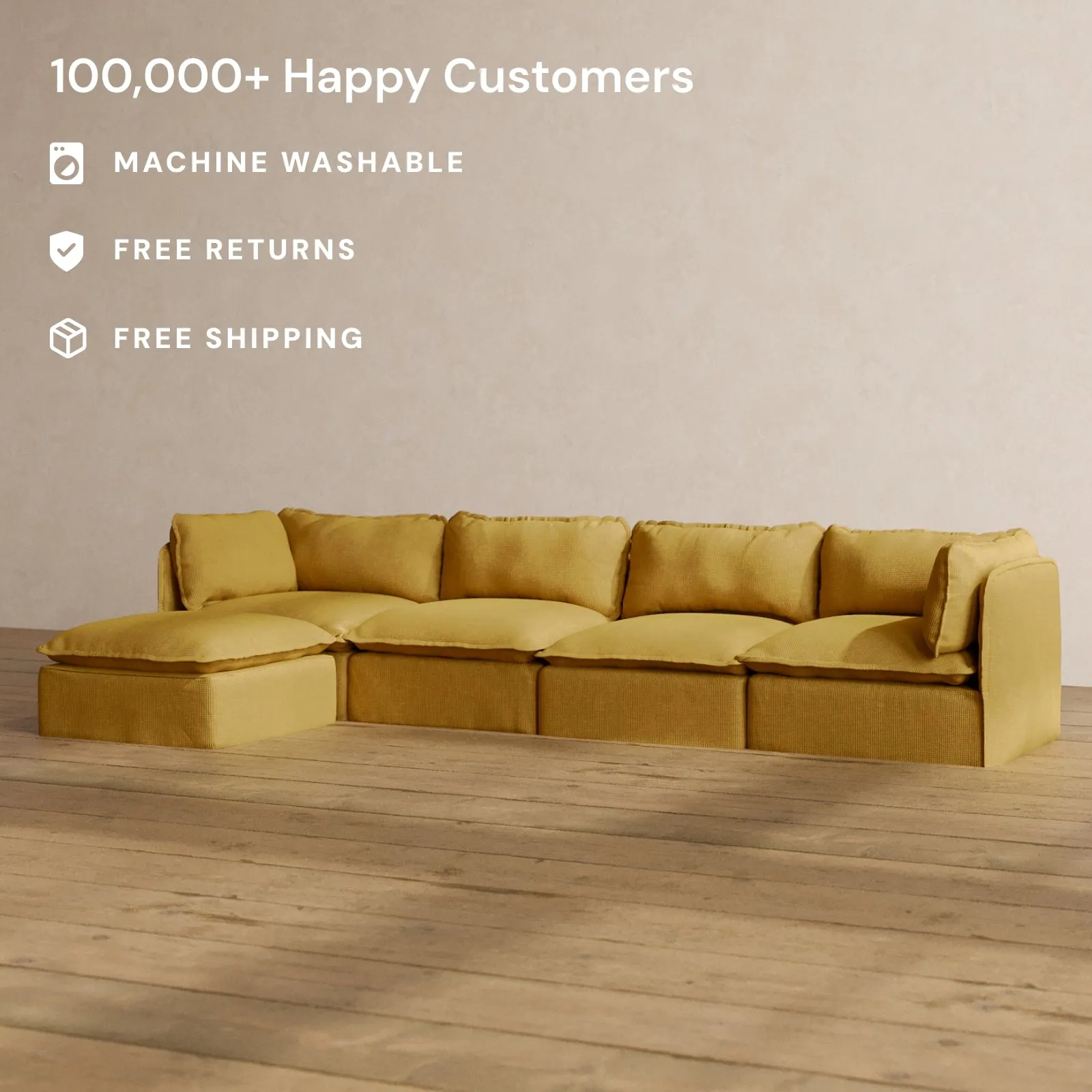 Modular Washable 4-Seater Sectional in Kiiro | Deluxe  Seat | Cloud Pillow
