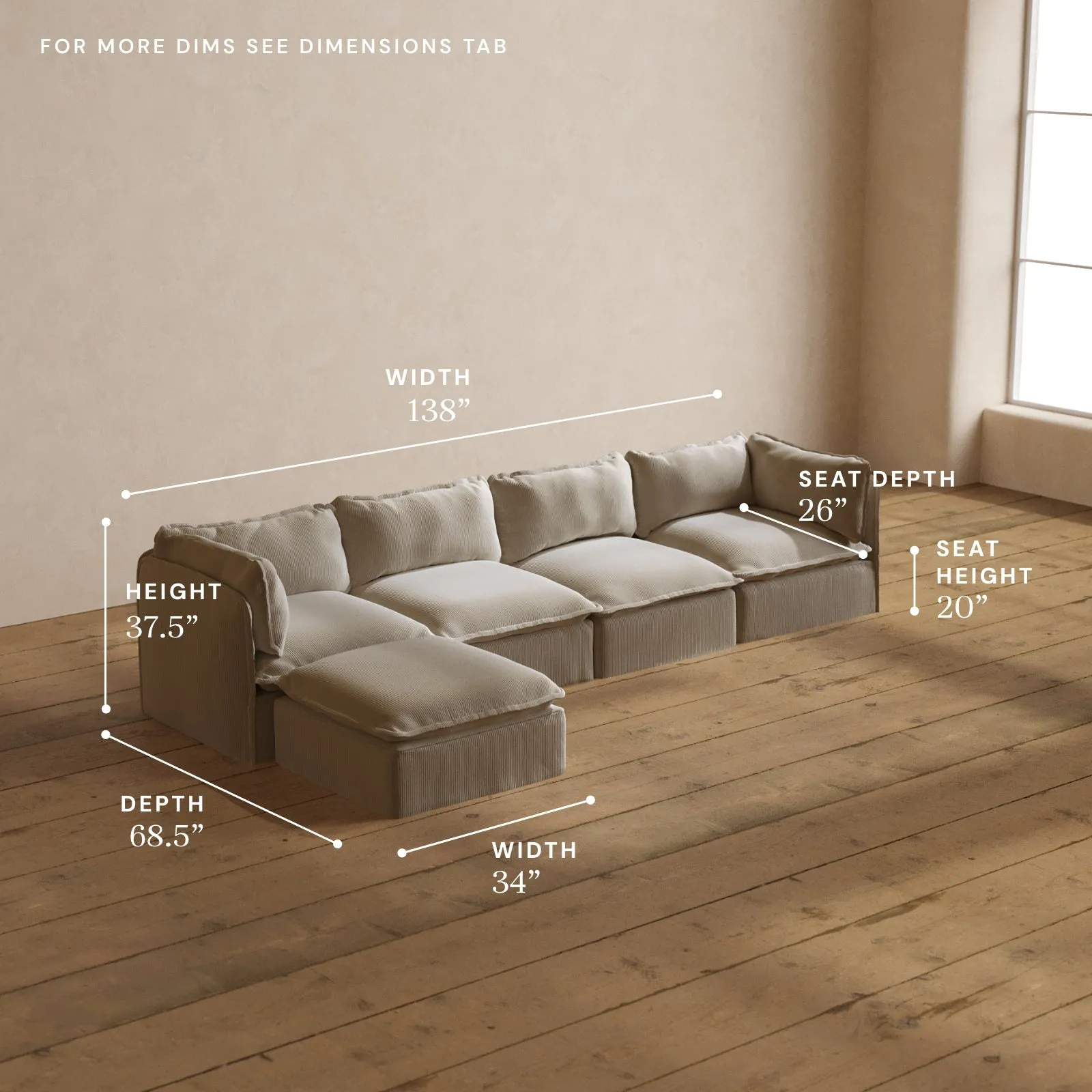 Modular Washable 4-Seater Sectional in Milk | Deluxe  Seat | Cloud Pillow