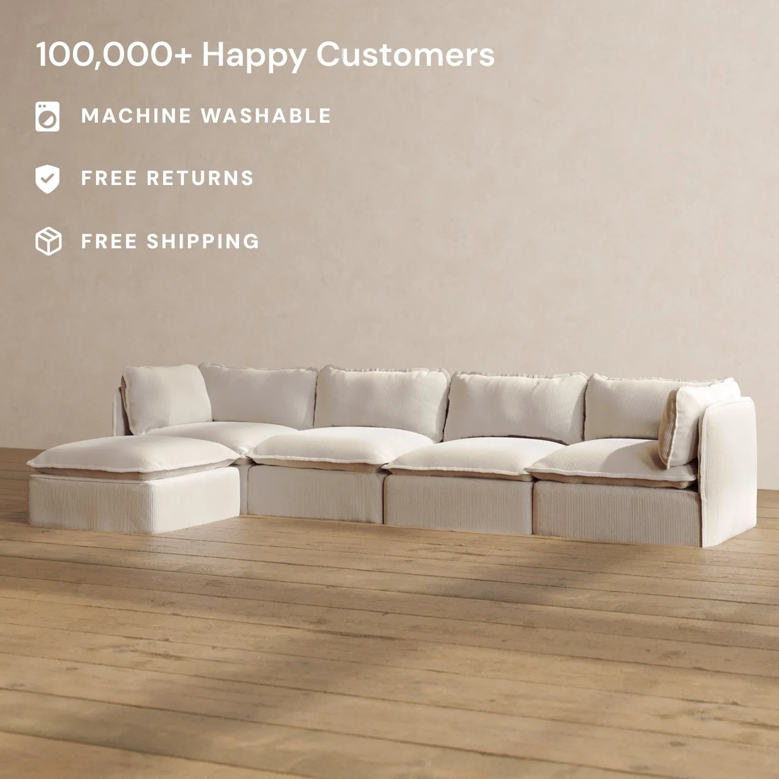 Modular Washable 4-Seater Sectional in Milk | Deluxe  Seat | Cloud Pillow