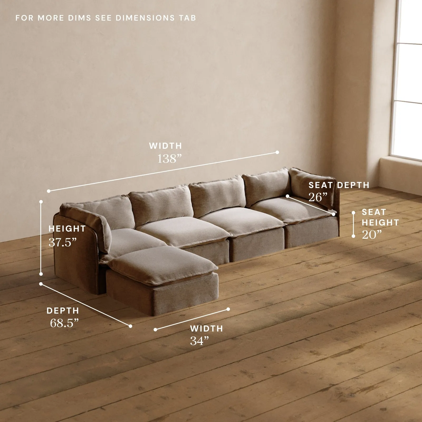Modular Washable 4-Seater Sectional in Mist | Deluxe  Seat | Cloud Pillow
