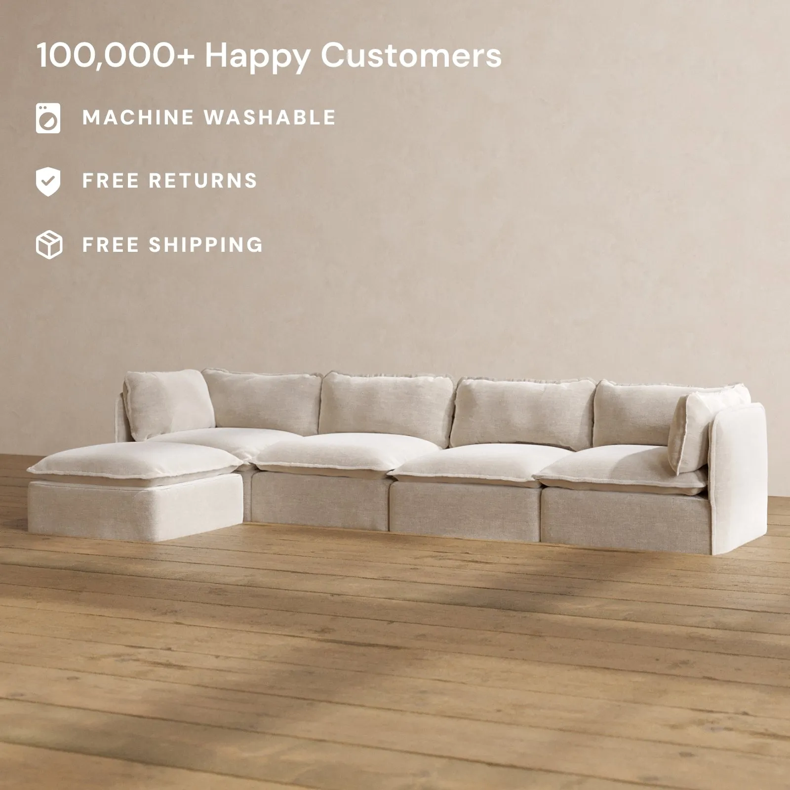 Modular Washable 4-Seater Sectional in Mist | Deluxe  Seat | Cloud Pillow