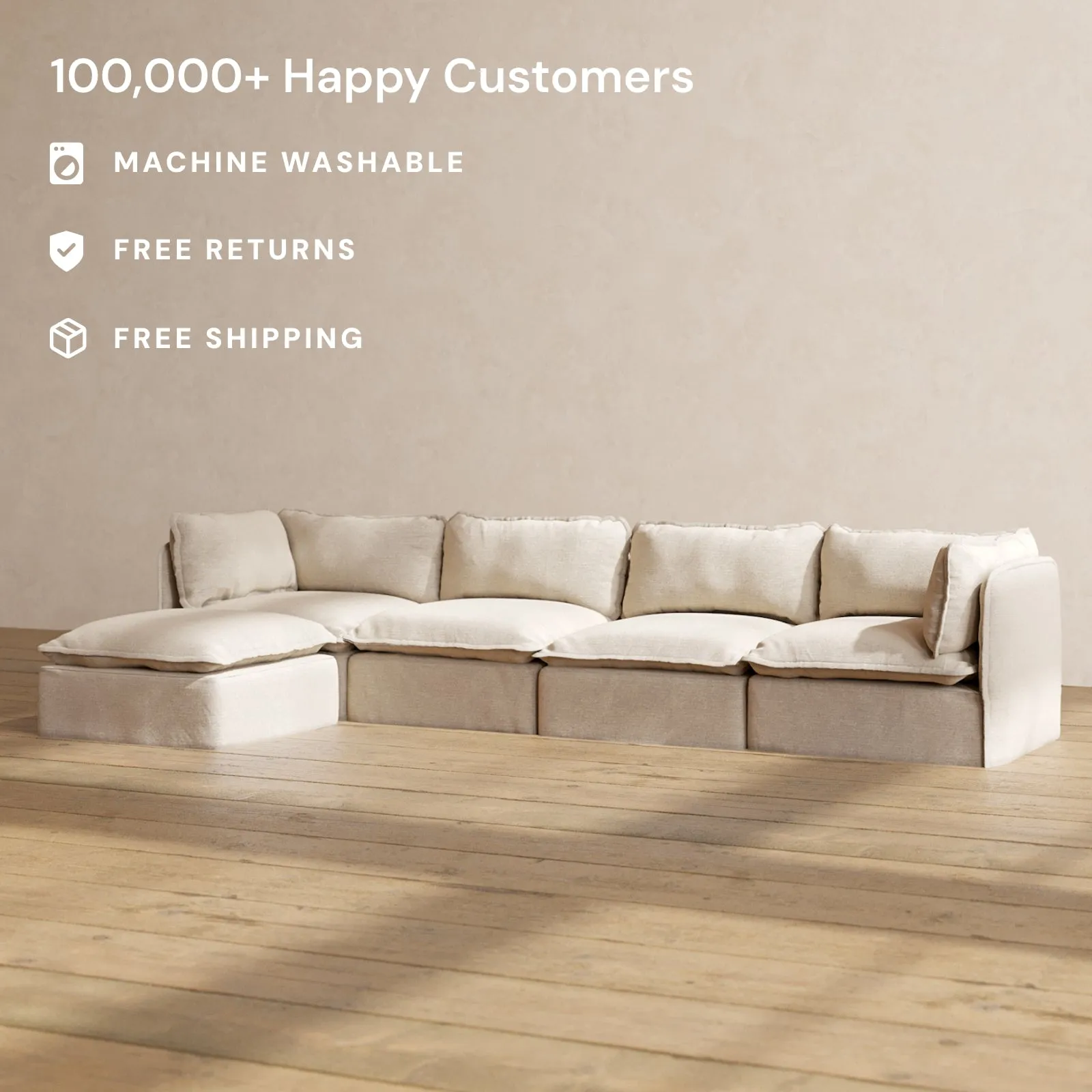 Modular Washable 4-Seater Sectional in Oat | Deluxe  Seat | Cloud Pillow