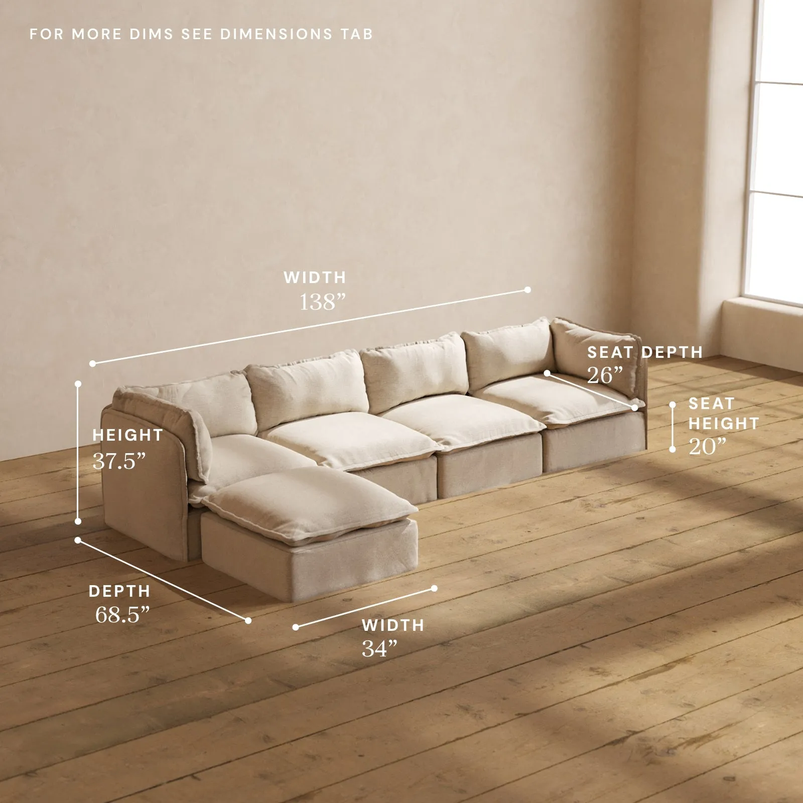 Modular Washable 4-Seater Sectional in Oat | Deluxe  Seat | Cloud Pillow