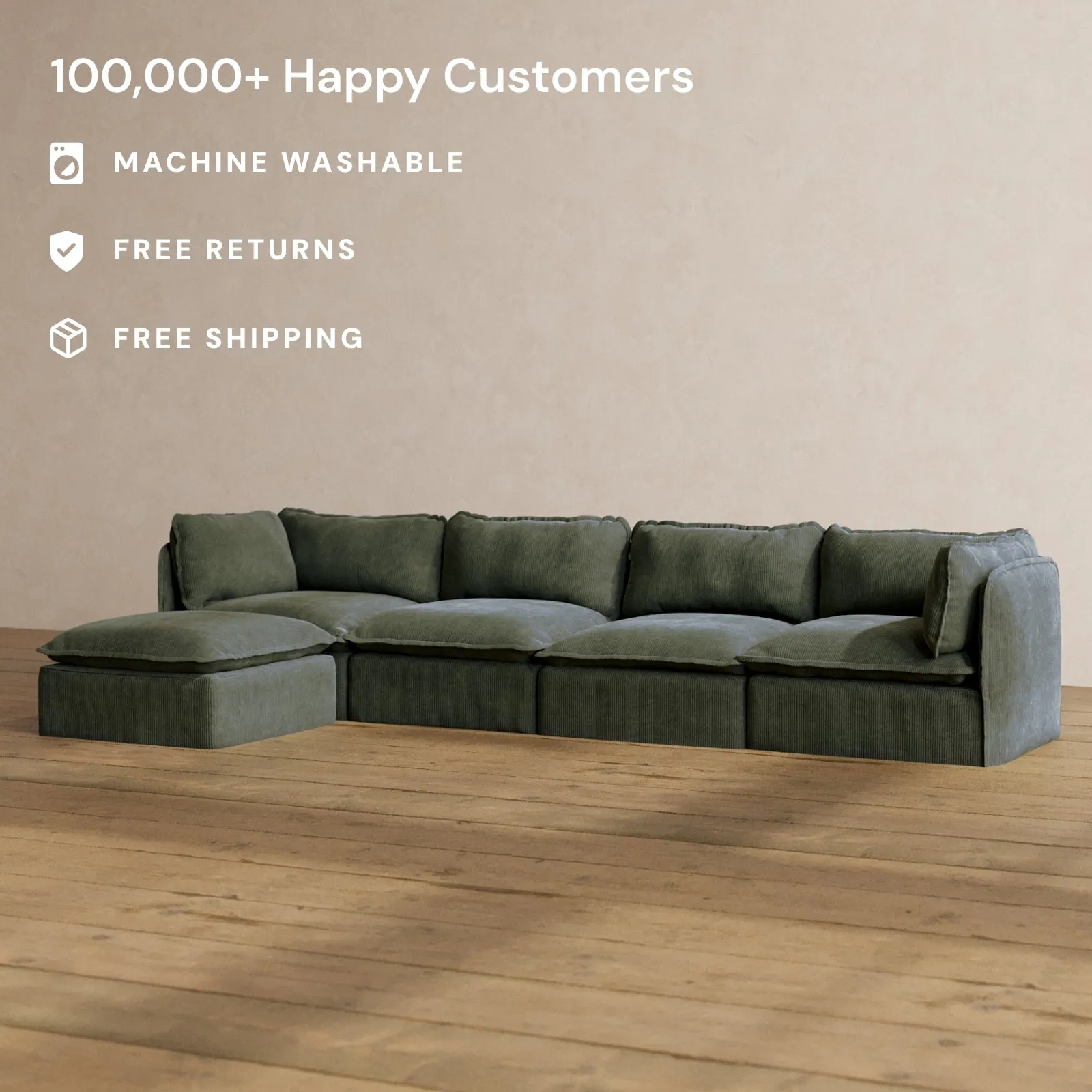 Modular Washable 4-Seater Sectional in Olivine | Deluxe  Seat | Cloud Pillow