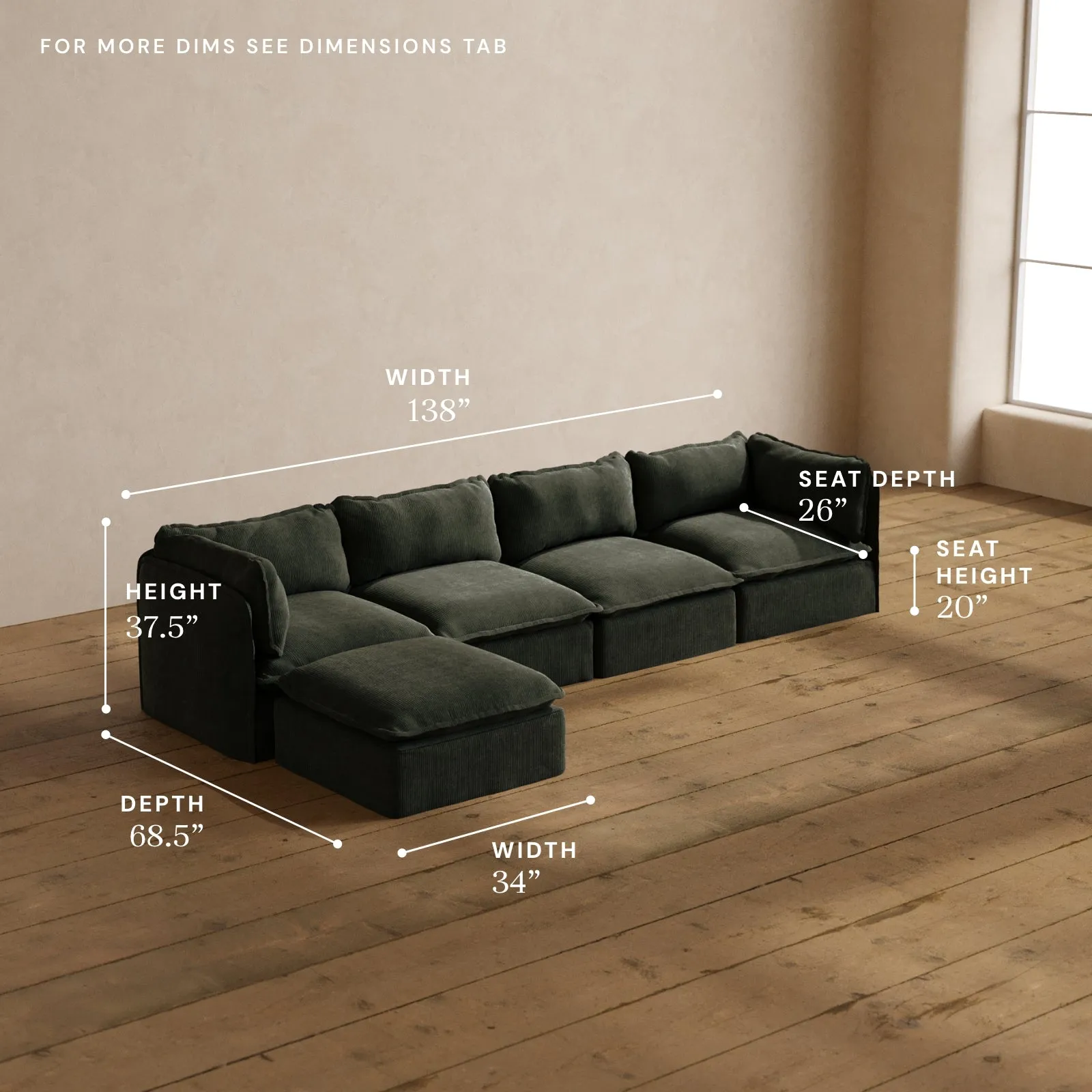 Modular Washable 4-Seater Sectional in Olivine | Deluxe  Seat | Cloud Pillow