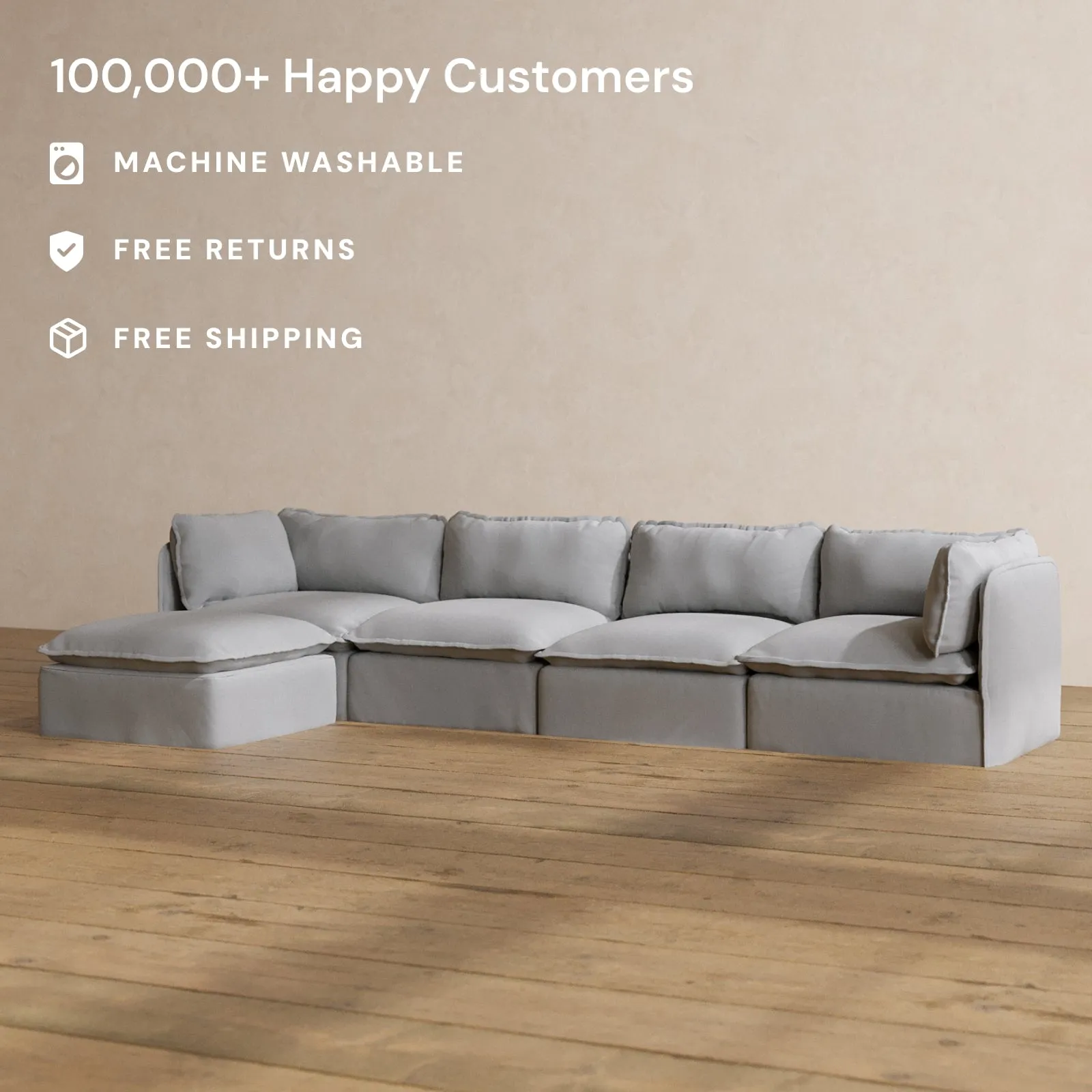 Modular Washable 4-Seater Sectional in Pumice | Deluxe  Seat | Cloud Pillow