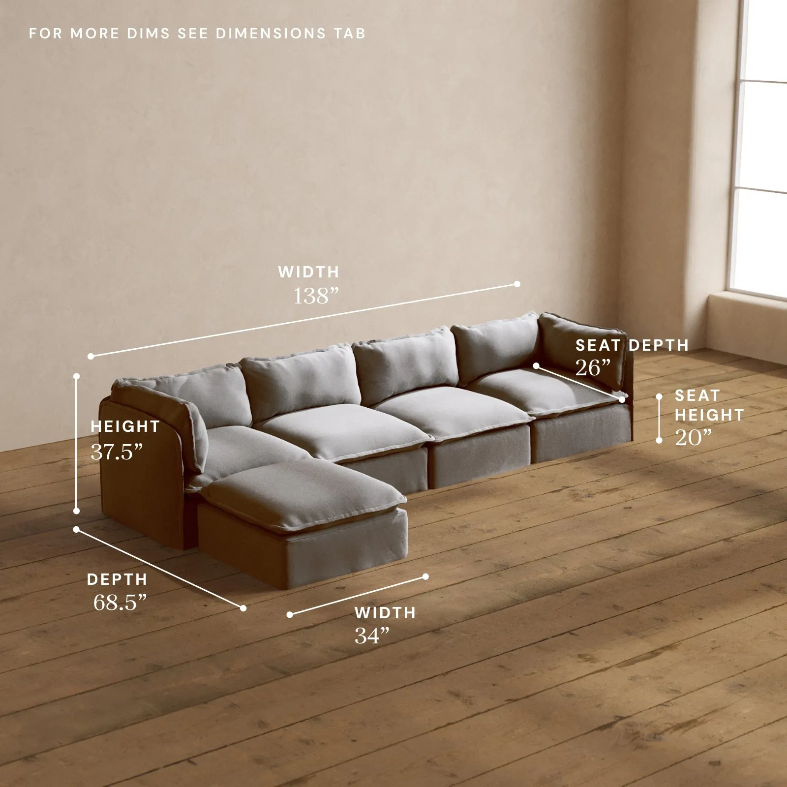 Modular Washable 4-Seater Sectional in Pumice | Deluxe  Seat | Cloud Pillow