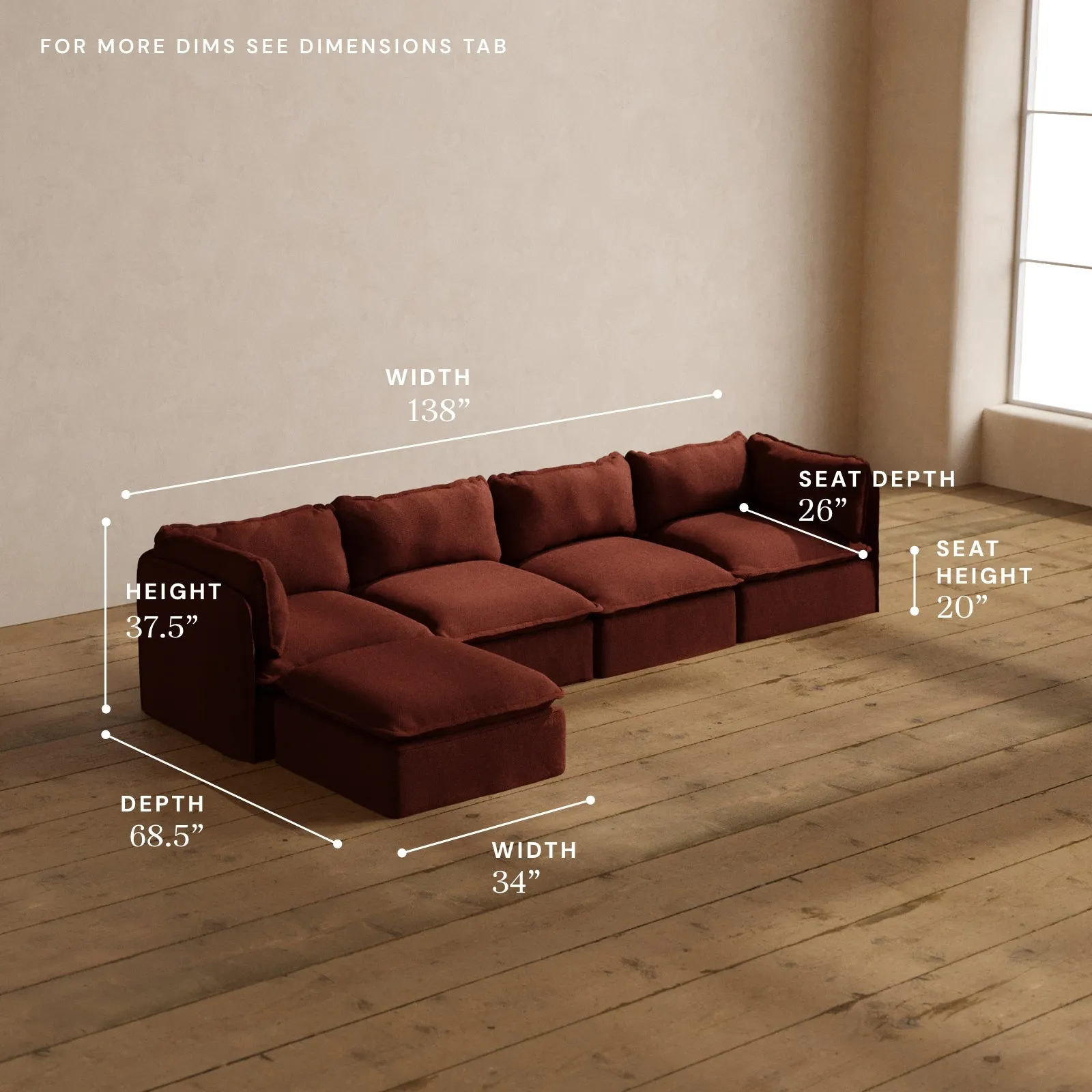 Modular Washable 4-Seater Sectional in Rust | Deluxe  Seat | Cloud Pillow