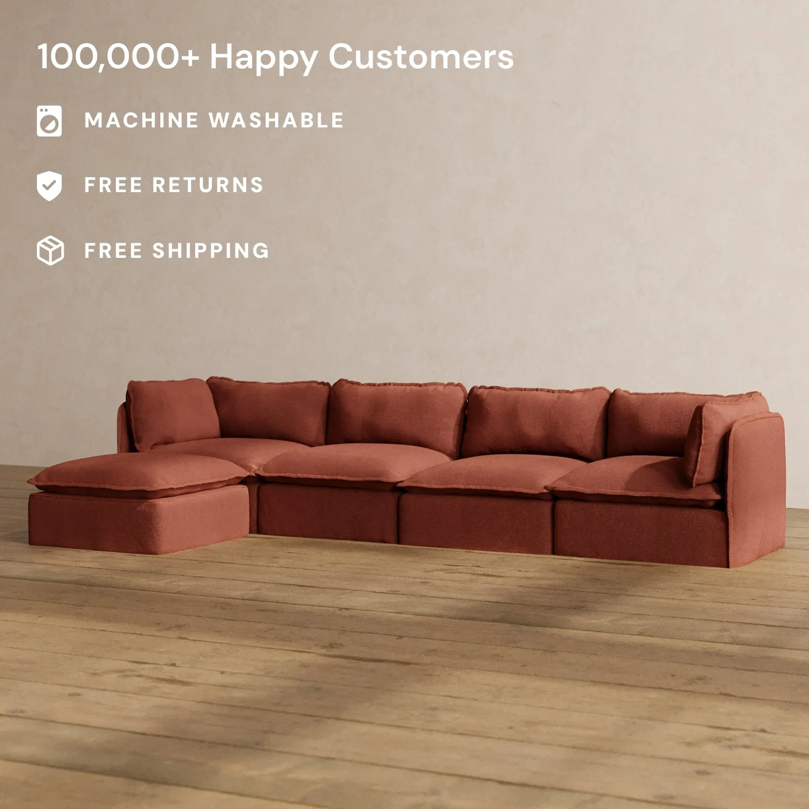 Modular Washable 4-Seater Sectional in Rust | Deluxe  Seat | Cloud Pillow