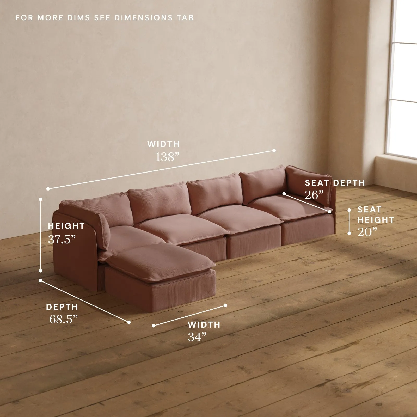 Modular Washable 4-Seater Sectional in Sakura | Deluxe  Seat | Cloud Pillow